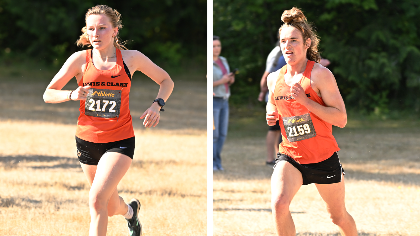 Talia Tomhave (left) and Emil Miller (right) sprint towards the finish line