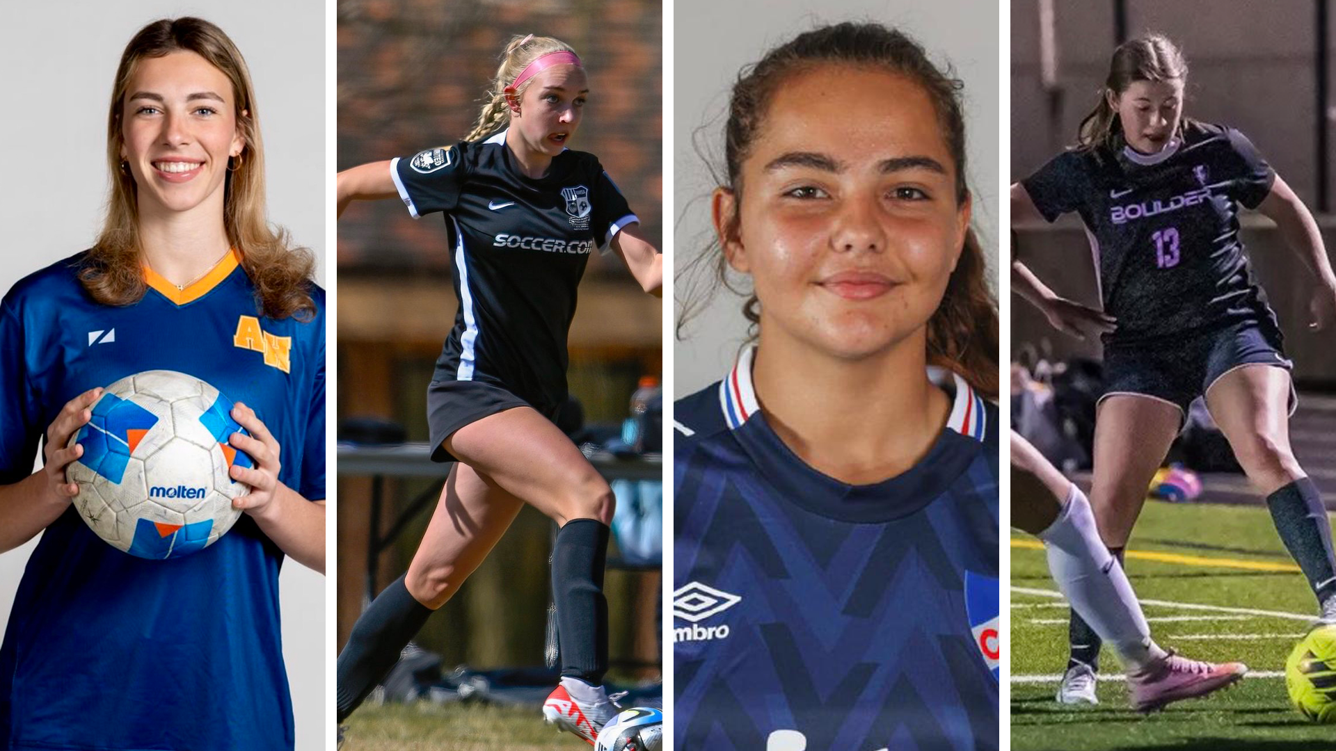 Olivia Melanson, Deyja Fellers, Lucia Barron-Nunez and Kara Dougherty are shown in their soccer uniforms.
