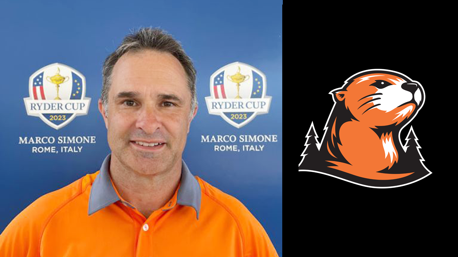 Kris Fay poses for a head shot (left) and L&C river otter logo (right)