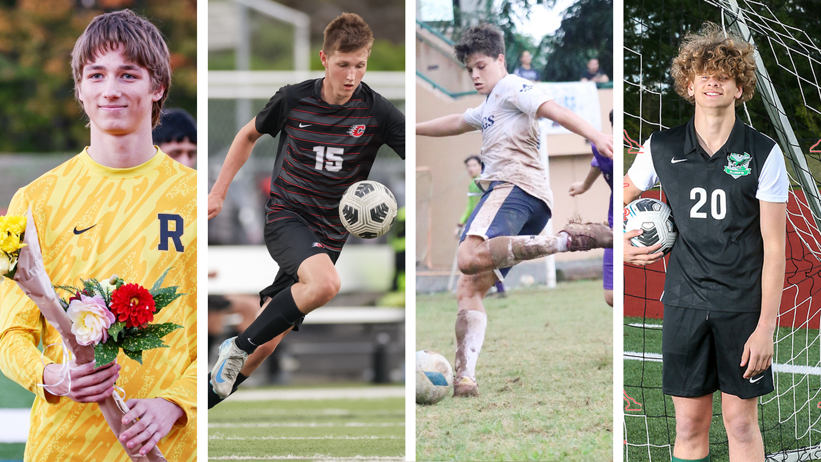 Men's soccer incoming players pose for photos with their high school team jerseys on