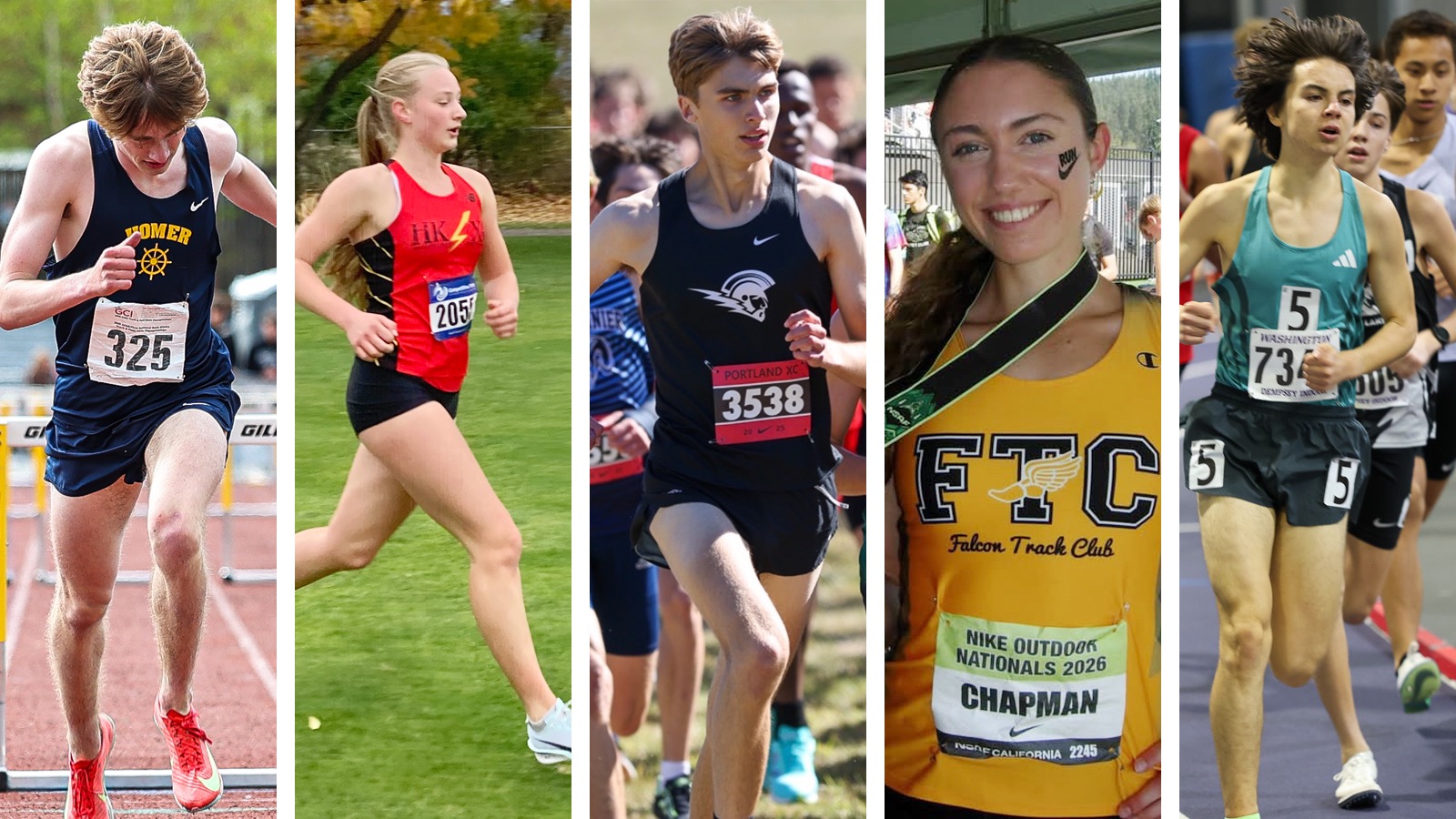 Cross Country first years pose for action shots in their high school uniforms