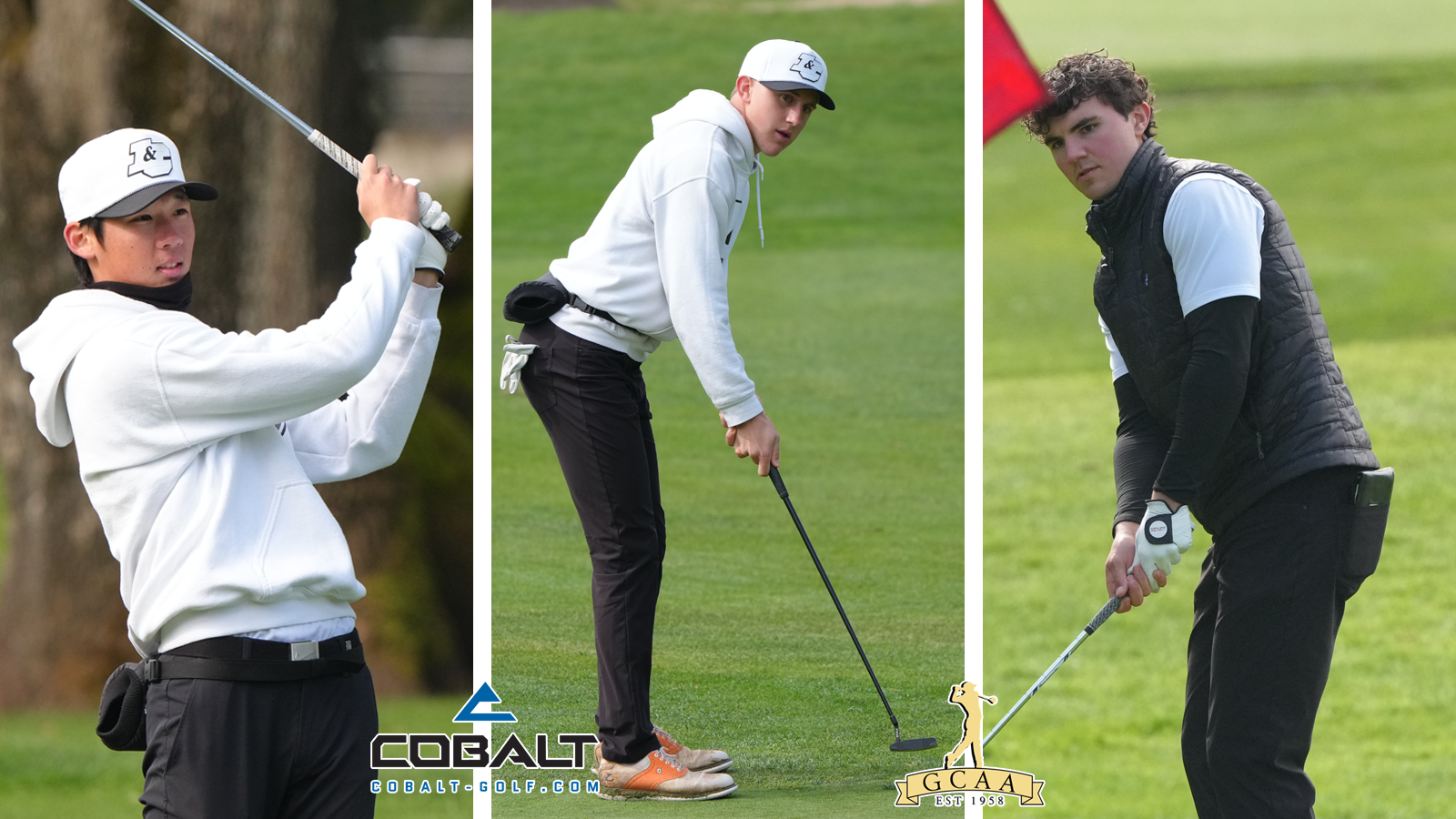 Joonho Moon (left) hits an iron shot, Luke Blankinship (center) hits a putt, Mason Hill (right) hits a chip shot