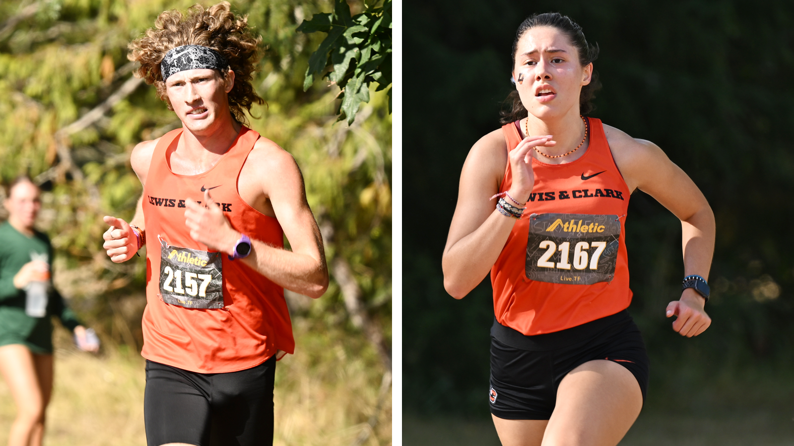 Quinn Higgins (left) and Nadia Cota (right) run at the 2025 Lewis & Clark XC Opener