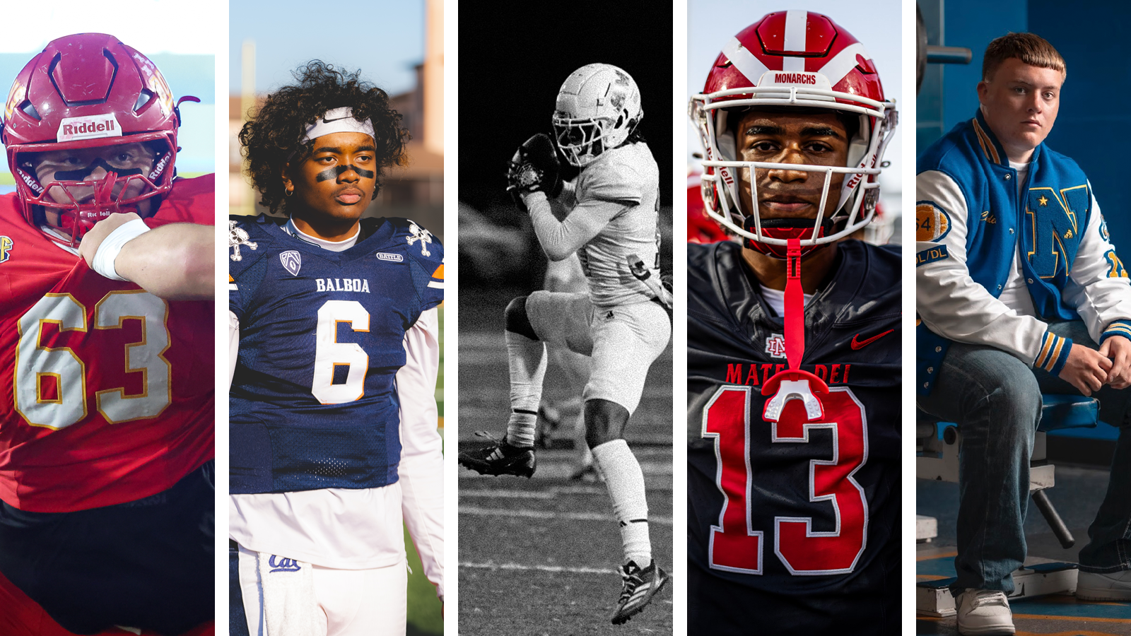 Five football first years/transfers pose for photos in their high school uniforms