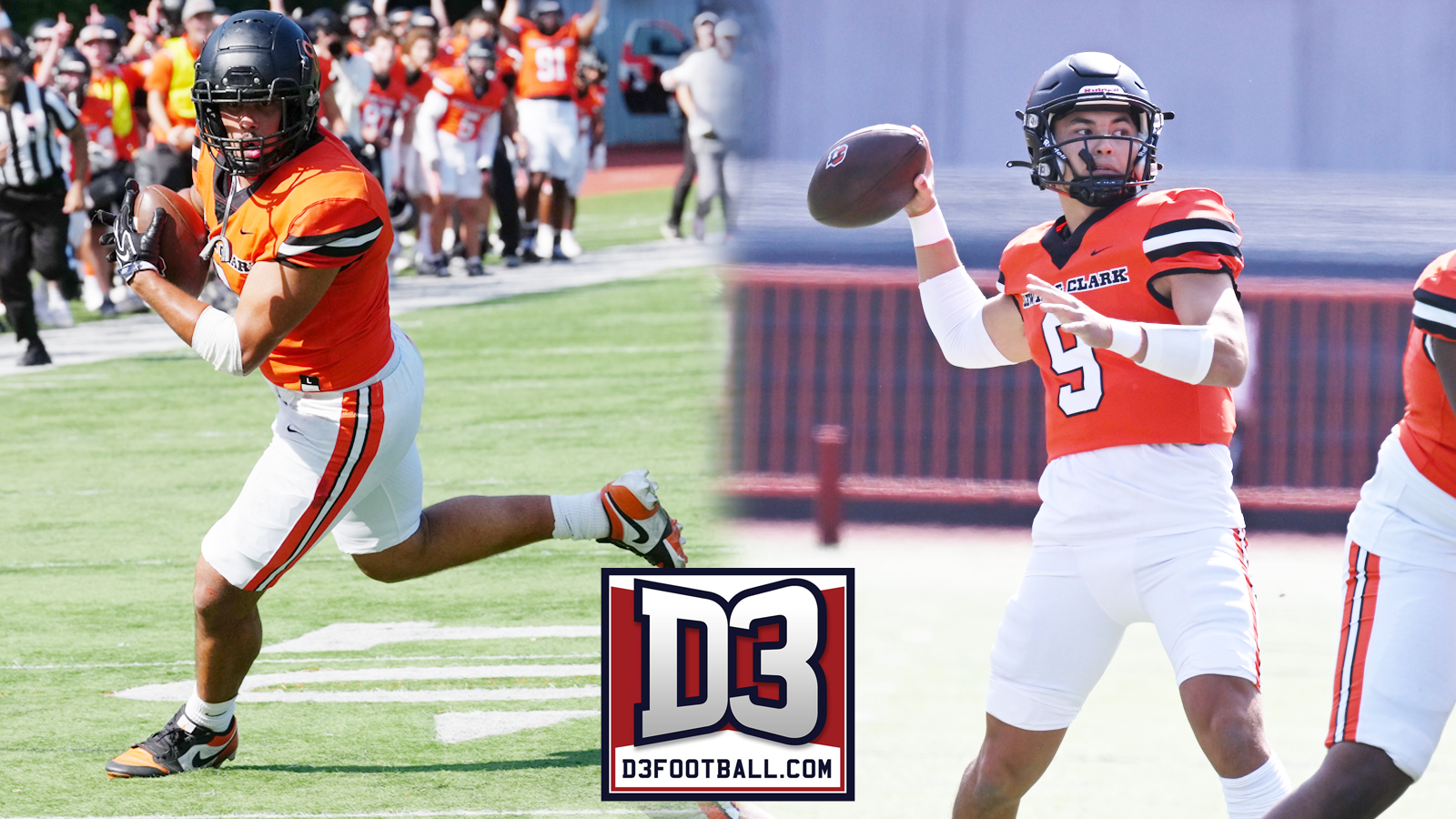 Julius Walker runs with the ball (left) and Dashiell Weaver (right) runs with the ball