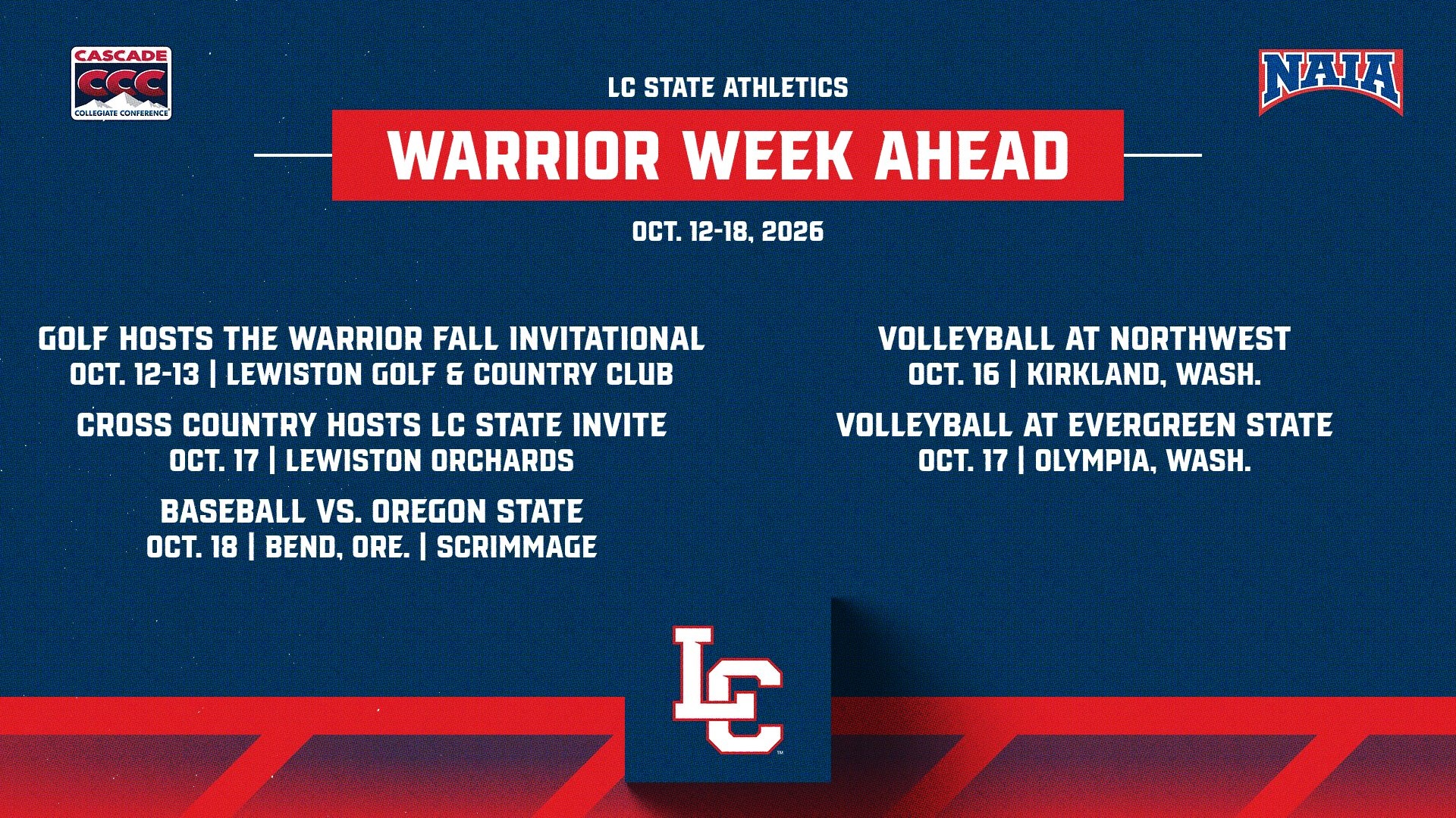 Graphic titled “Warrior Week Ahead” listing upcoming LC State Athletics events for Oct. 12-18, including golf’s Warrior Fall Invitational, the LC State Cross Country Invite, volleyball matches at Northwest and Evergreen State, and a baseball scrimmage against Oregon State.