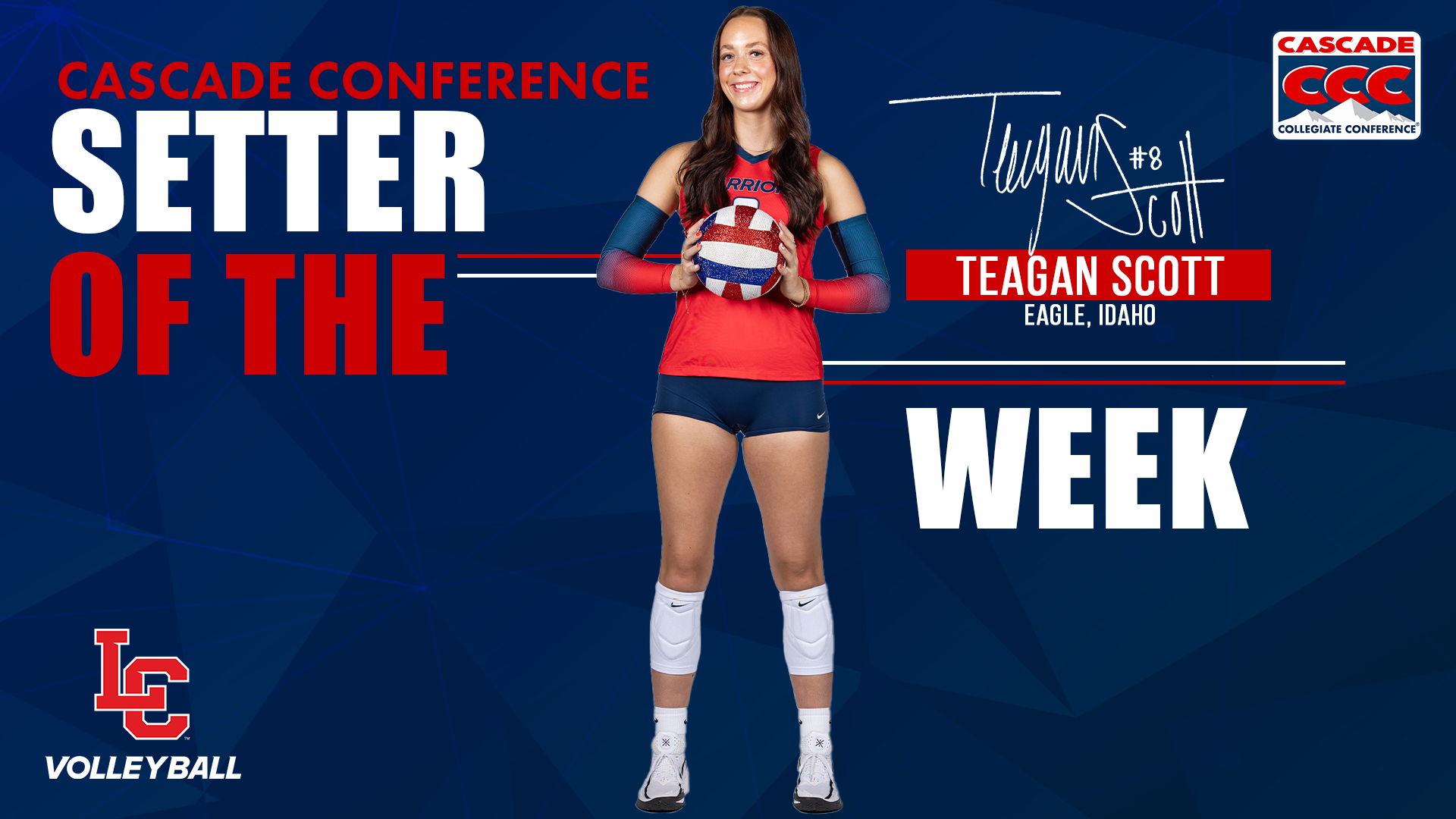 Graphic recognizing LC State Volleyball’s Teagan Scott as the Cascade Conference Setter of the Week, featuring a full-body player photo holding a volleyball, the CCC logo, and text identifying Scott as from Eagle, Idaho.