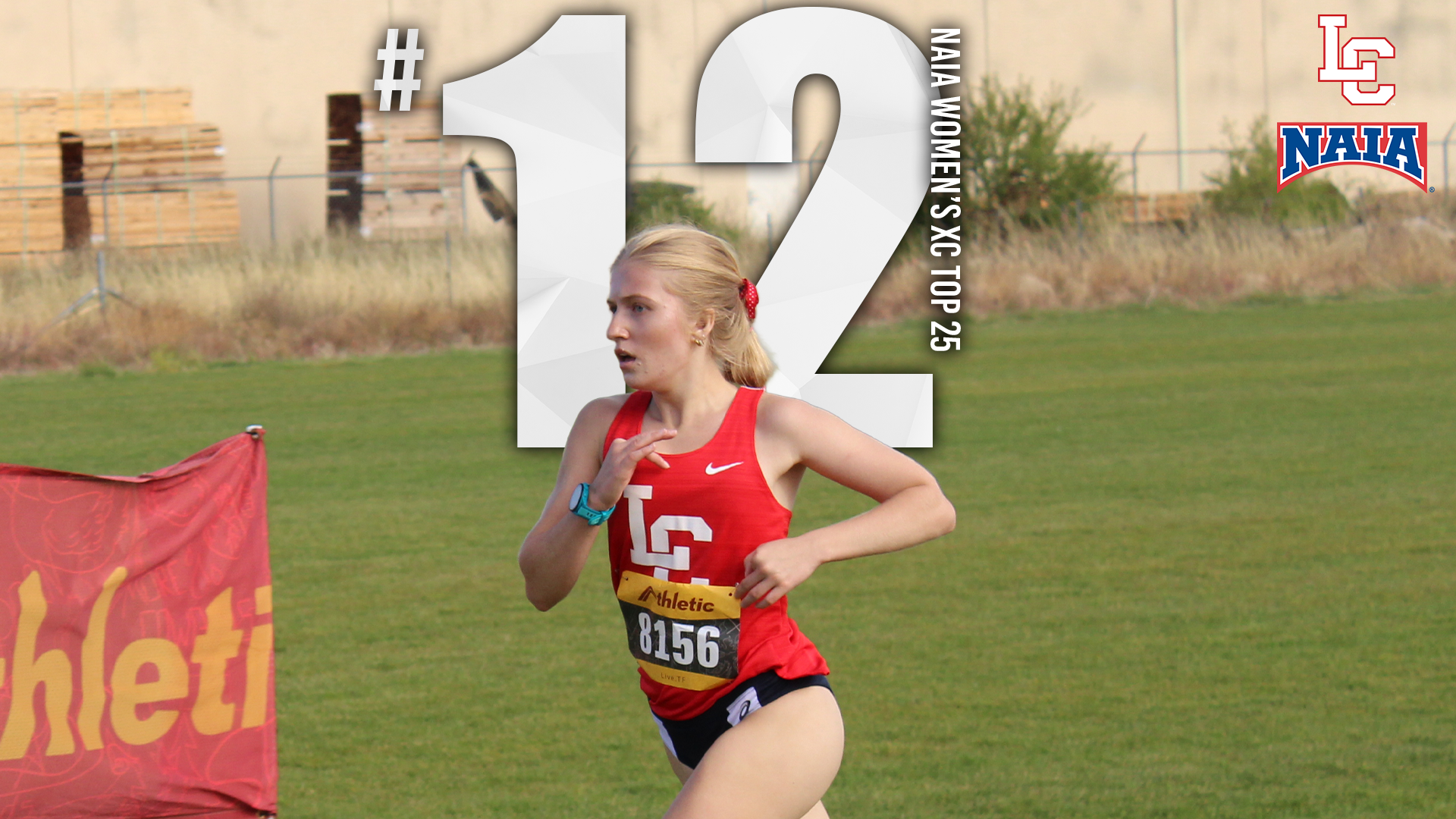 Graphic showing LC State Women’s Cross Country ranked No. 12 in the NAIA Women’s Cross Country Top 25 poll, featuring a Warrior runner competing on a grassy course with LC State and NAIA logos displayed in the corner.
