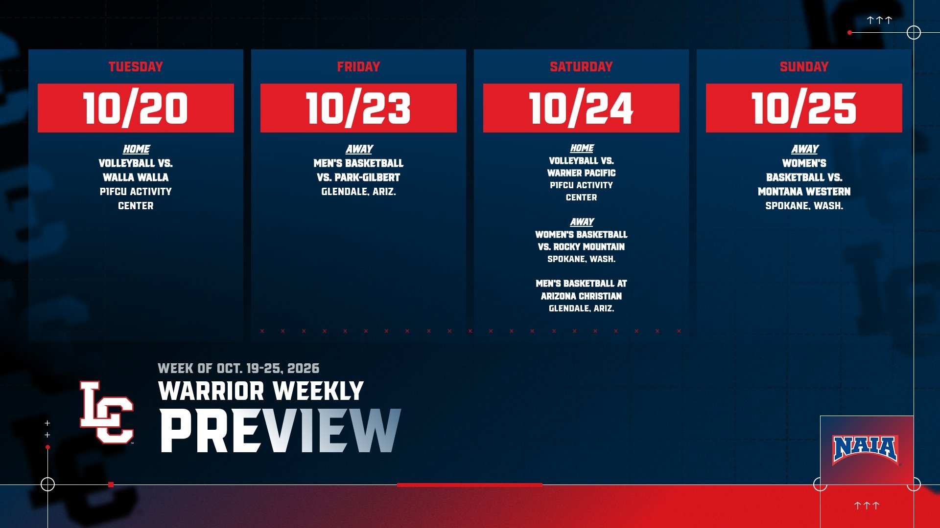 Graphic titled “Warrior Weekly Preview” listing upcoming LC State Athletics events for the week of Oct. 19-25, including home volleyball matches against Walla Walla and Warner Pacific, men’s basketball games in Arizona, and women’s basketball games in Spokane, Wash.