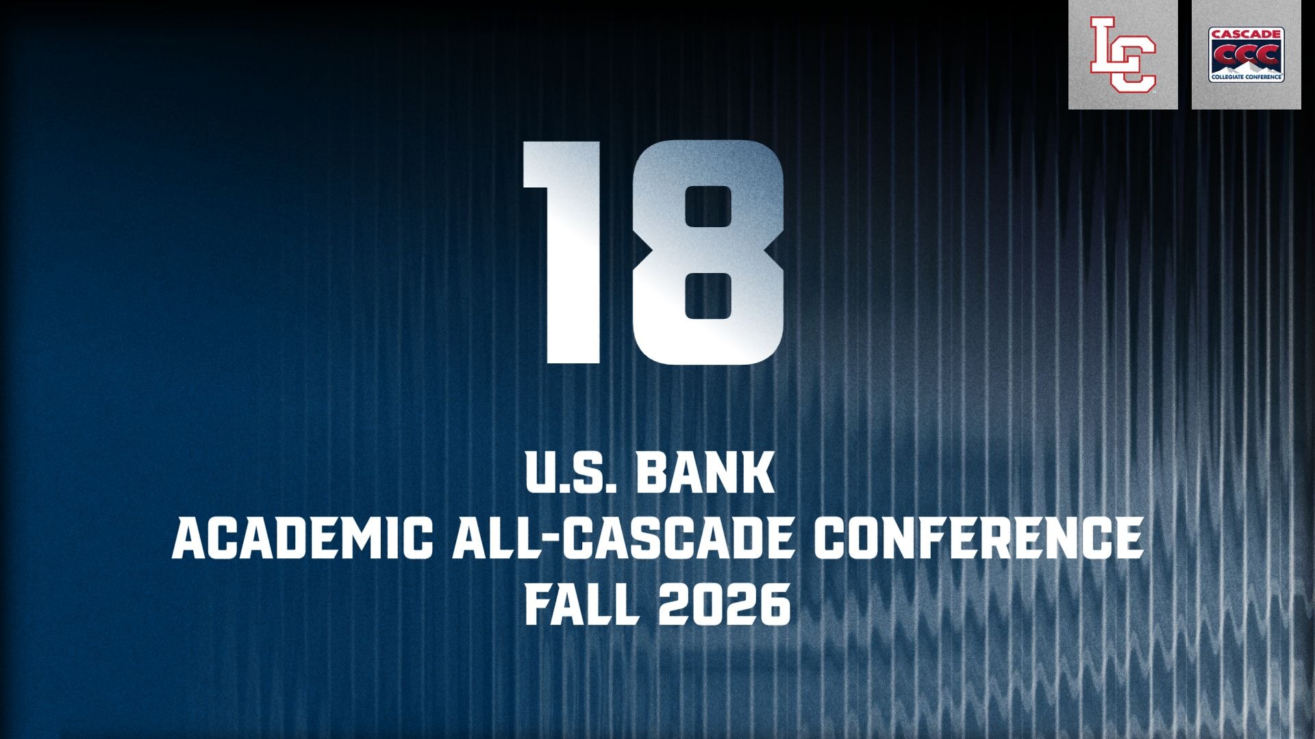 Graphic highlighting LC State Athletics’ 18 U.S. Bank Academic All-Cascade Conference selections for Fall 2026, featuring the number 18 prominently with LC State and Cascade Conference logos on a blue background.