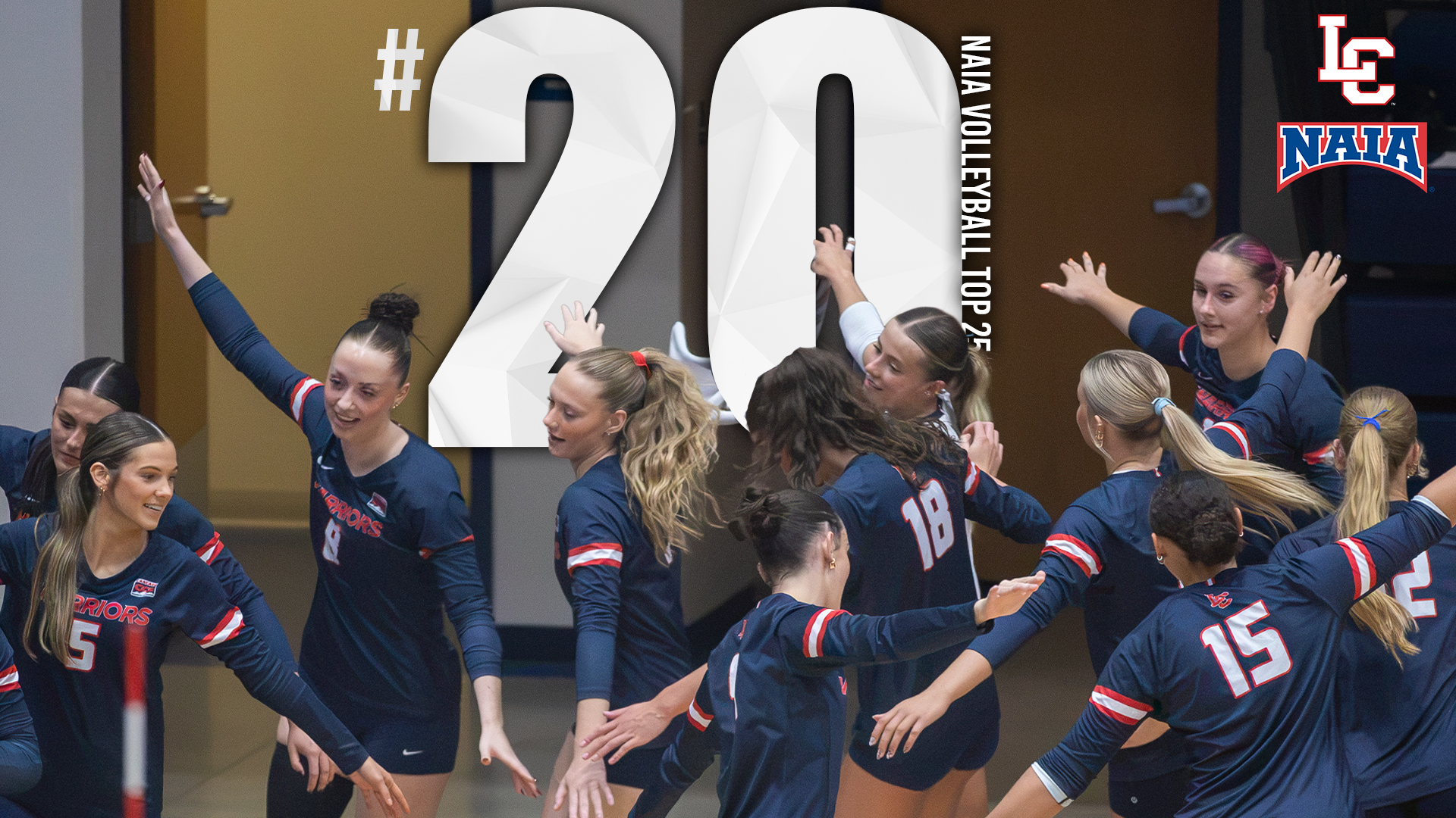 Graphic showing LC State Volleyball ranked No. 20 in the NAIA Volleyball Top 25 poll, featuring Warrior players in navy warmups entering the court alongside LC State and NAIA logos.