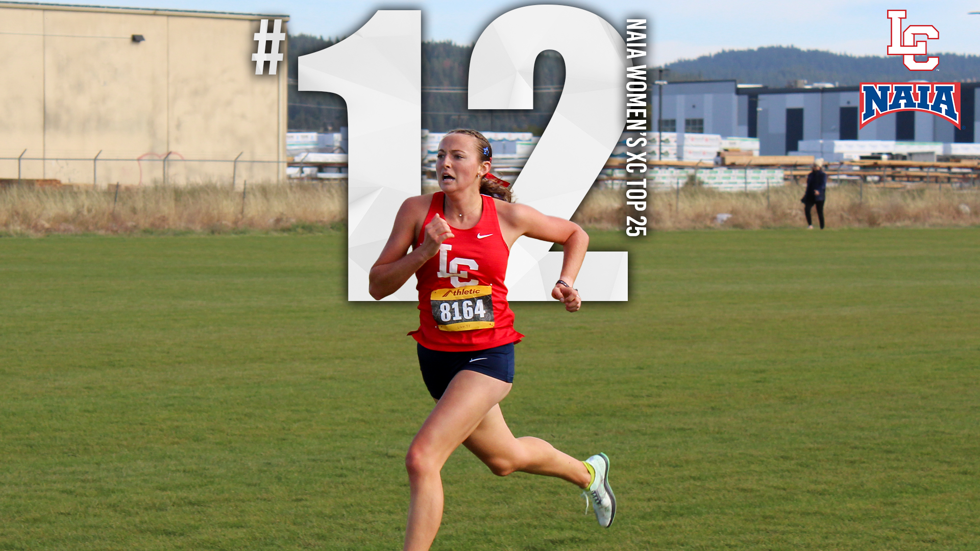 Graphic showing LC State Women’s Cross Country ranked No. 12 in the NAIA Women’s Cross Country Top 25 poll, featuring a Warrior runner competing on a grassy course alongside LC State and NAIA logos.