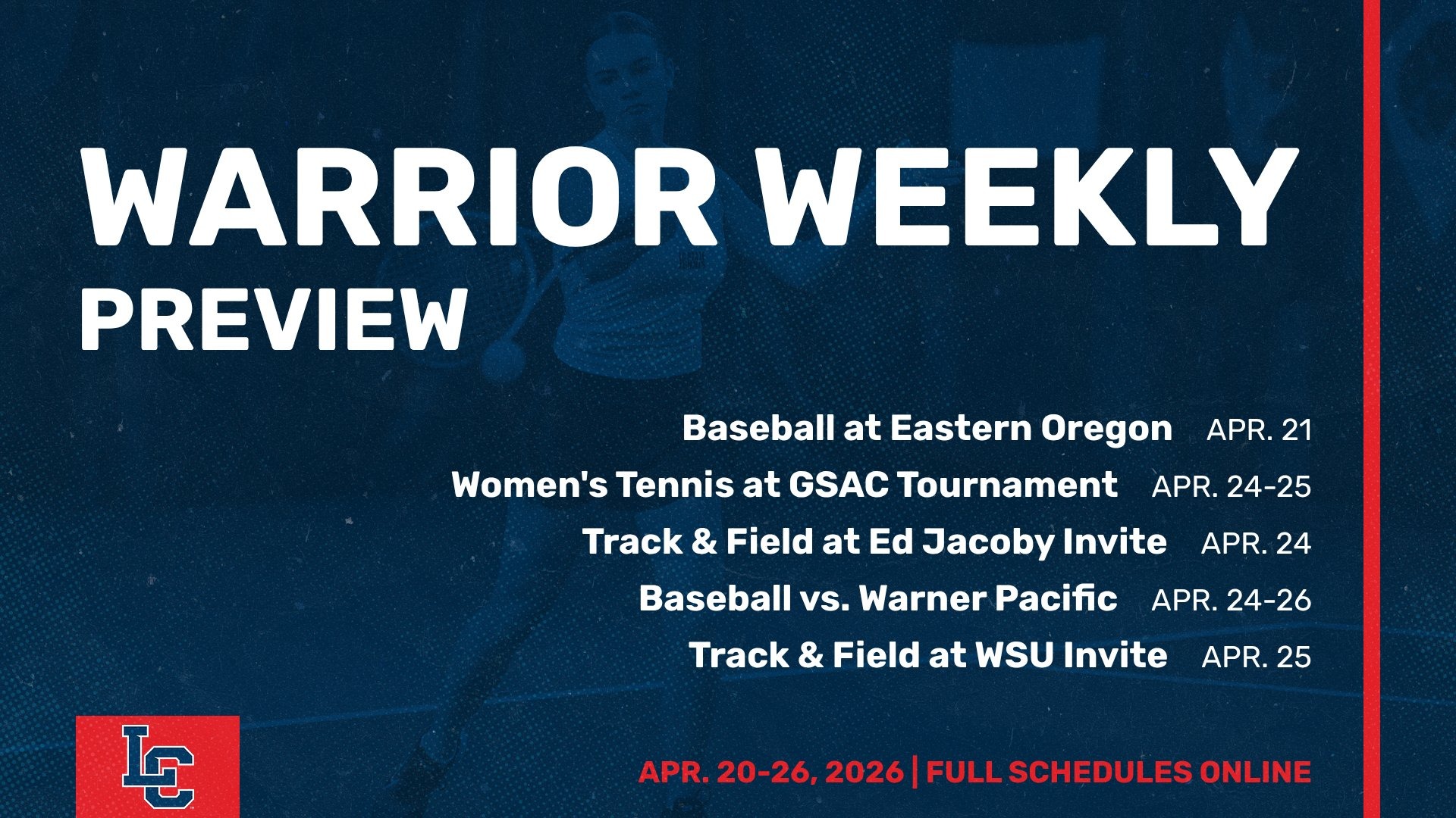 Schedule for week of April 20-26