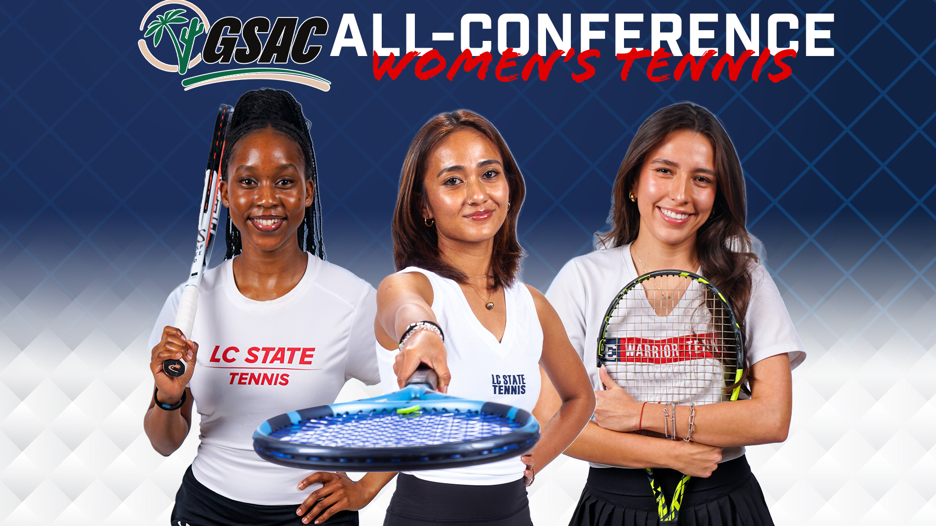 Lulu Monnayoo, Rayana Shah and Naiara Montero with All-Conference text