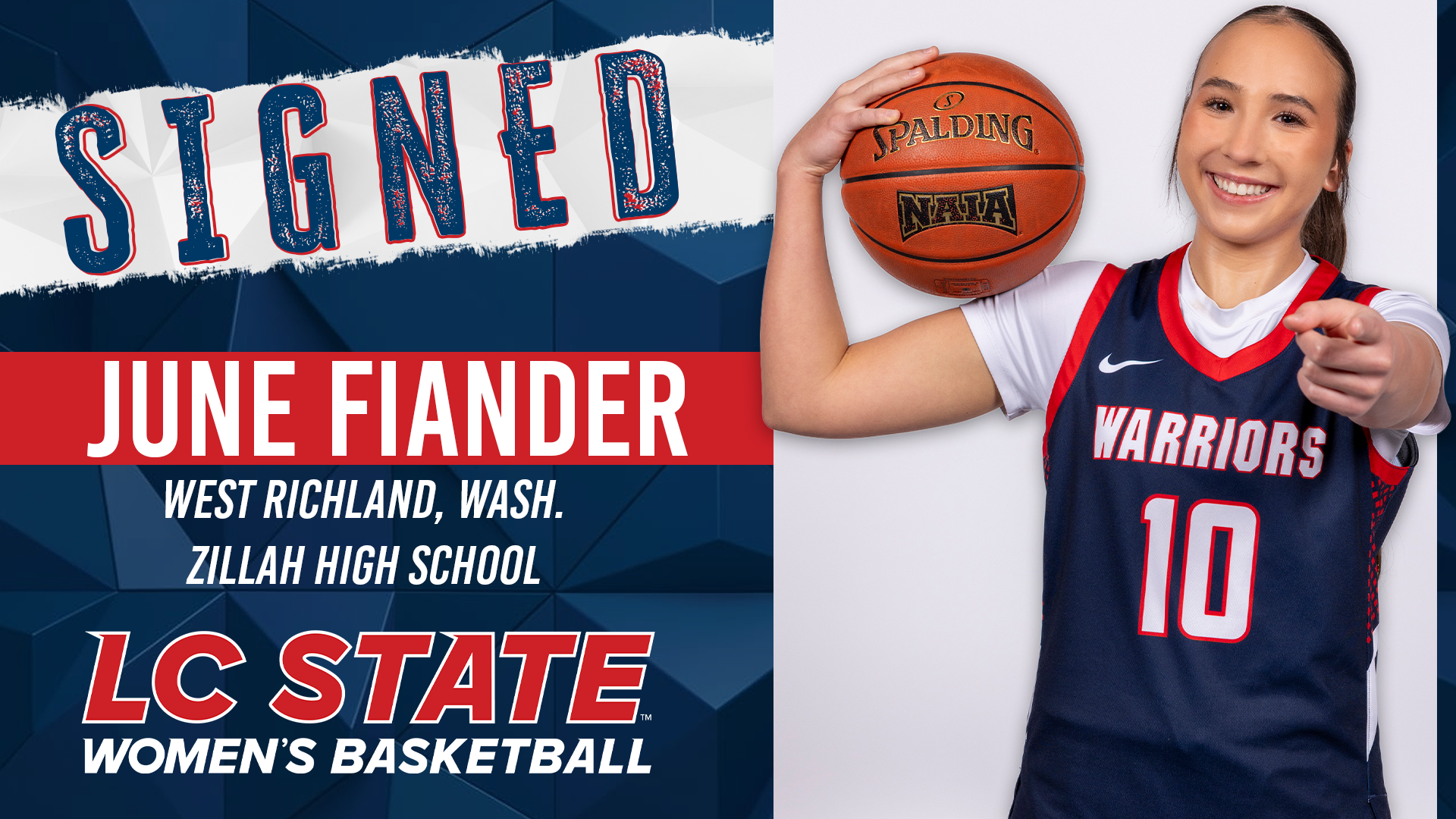 June Fiander pointing at the camera in an LC State jersey
