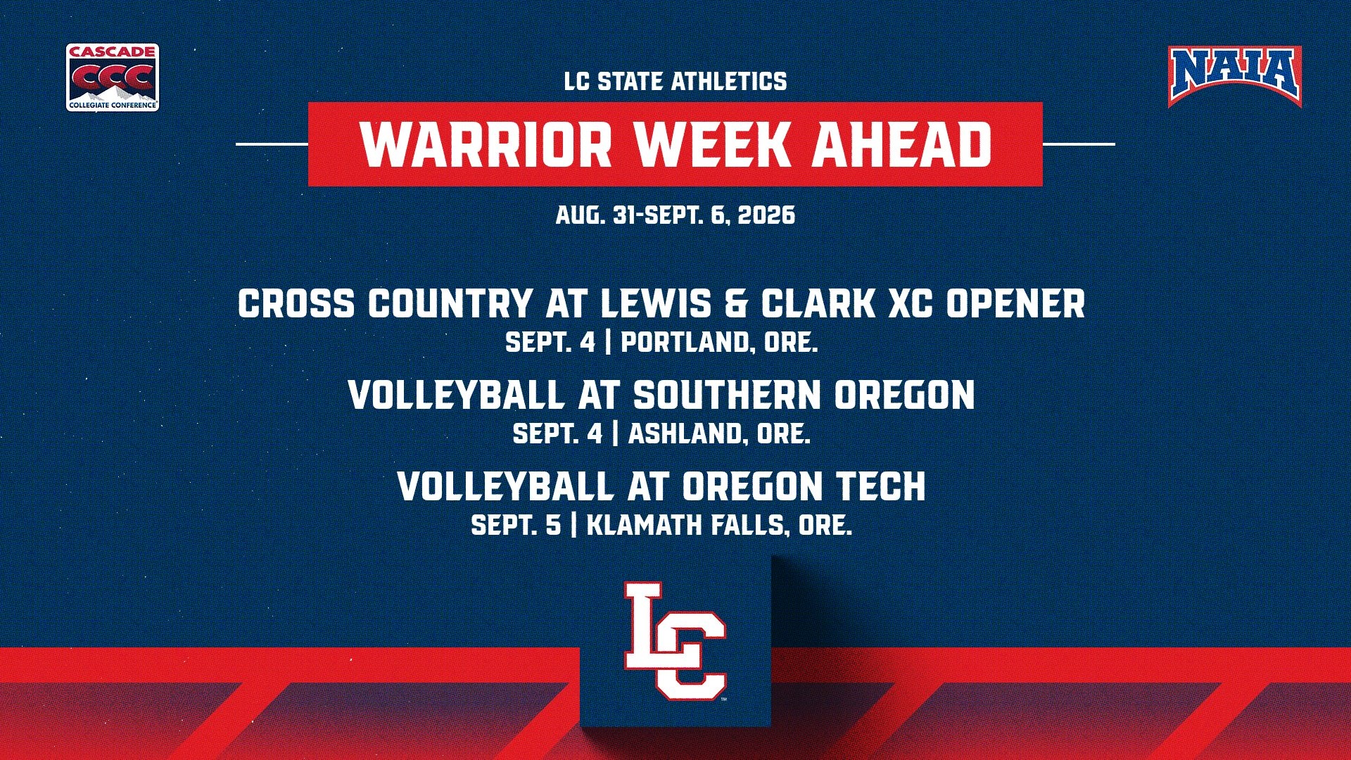 Schedule for week of Aug. 31-Sept. 6, 2026