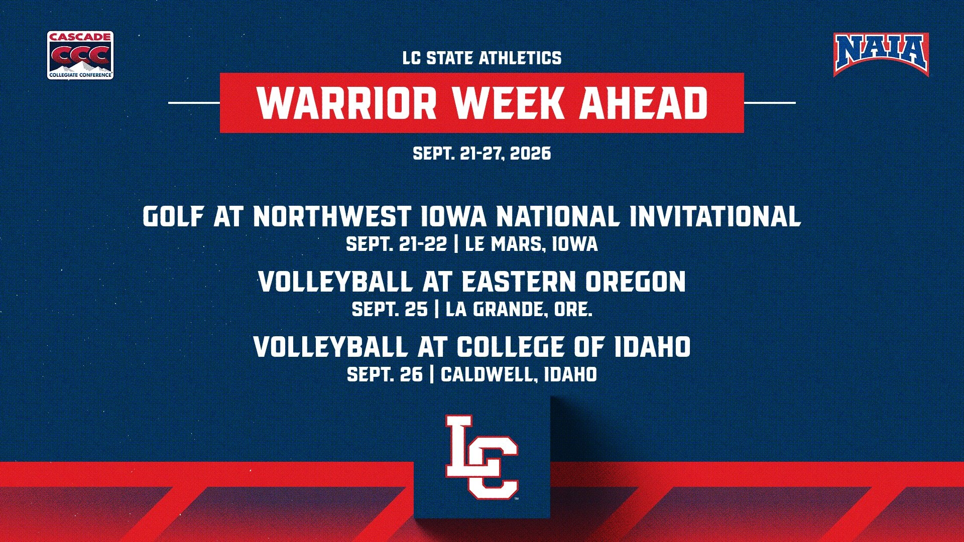 Schedule for week Sept. 21-27, 2026