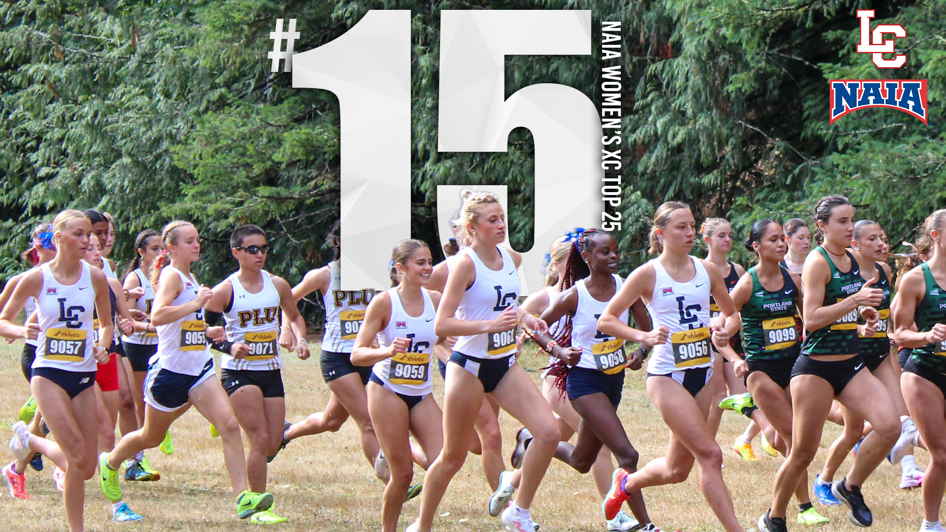 Women's cross country runners with No. 15 above them