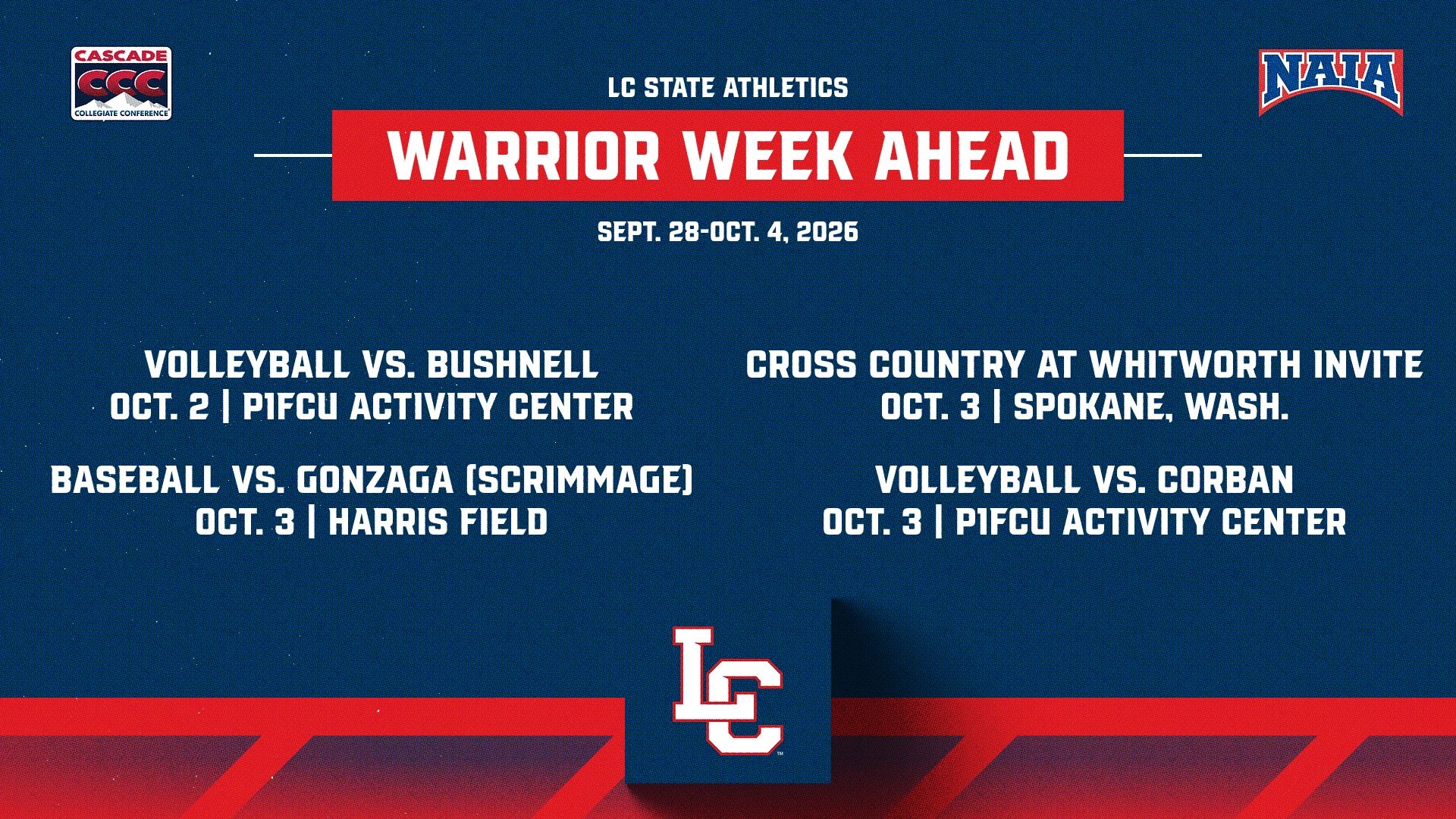 Schedule for week of Sept. 28-Oct. 4, 2026