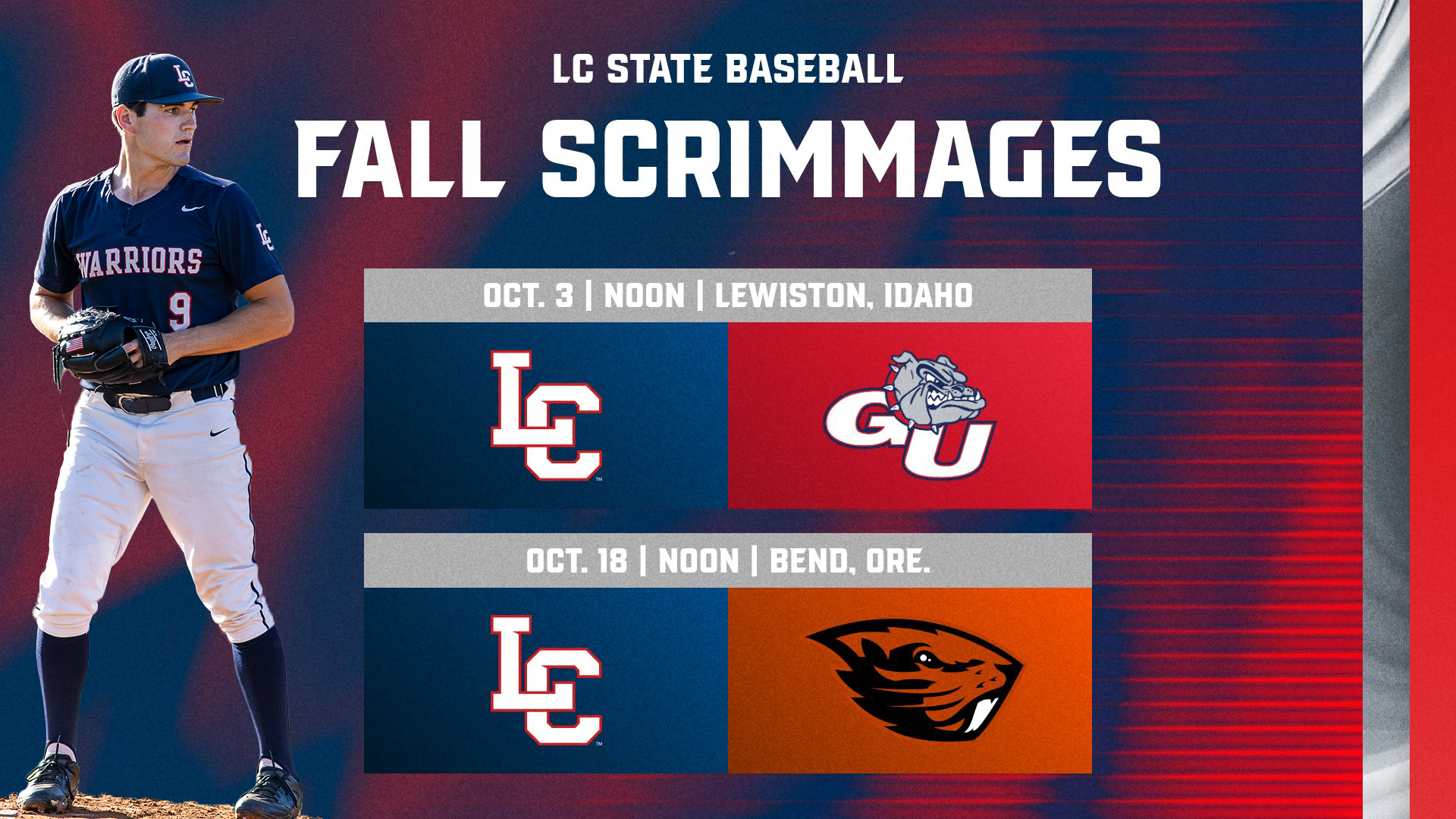 LC State Baseball fall scrimmage schedule graphic featuring a pitcher and matchups against Gonzaga on Oct. 3 in Lewiston, Idaho, and Oregon State on Oct. 18 in Bend, Oregon.