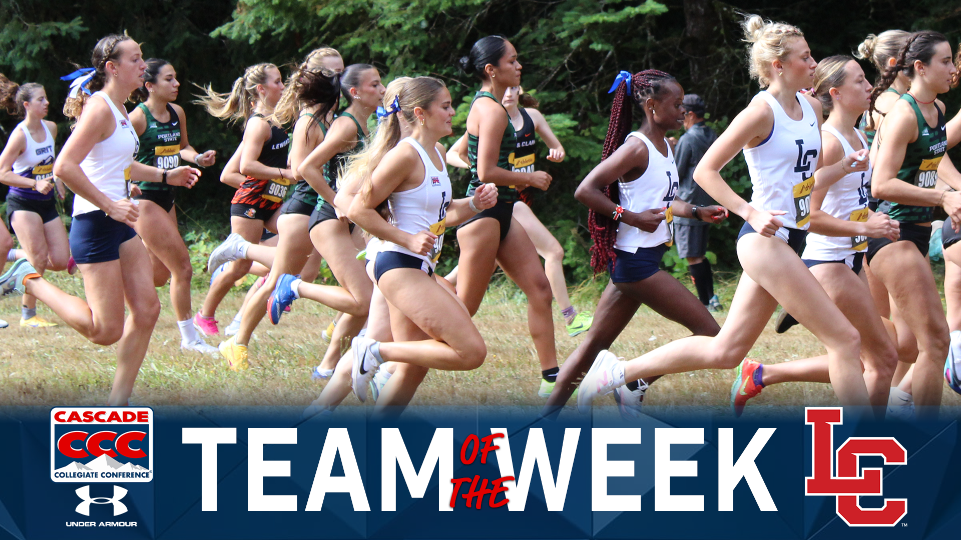 Women's XC team runs with Team of the Week text on graphic