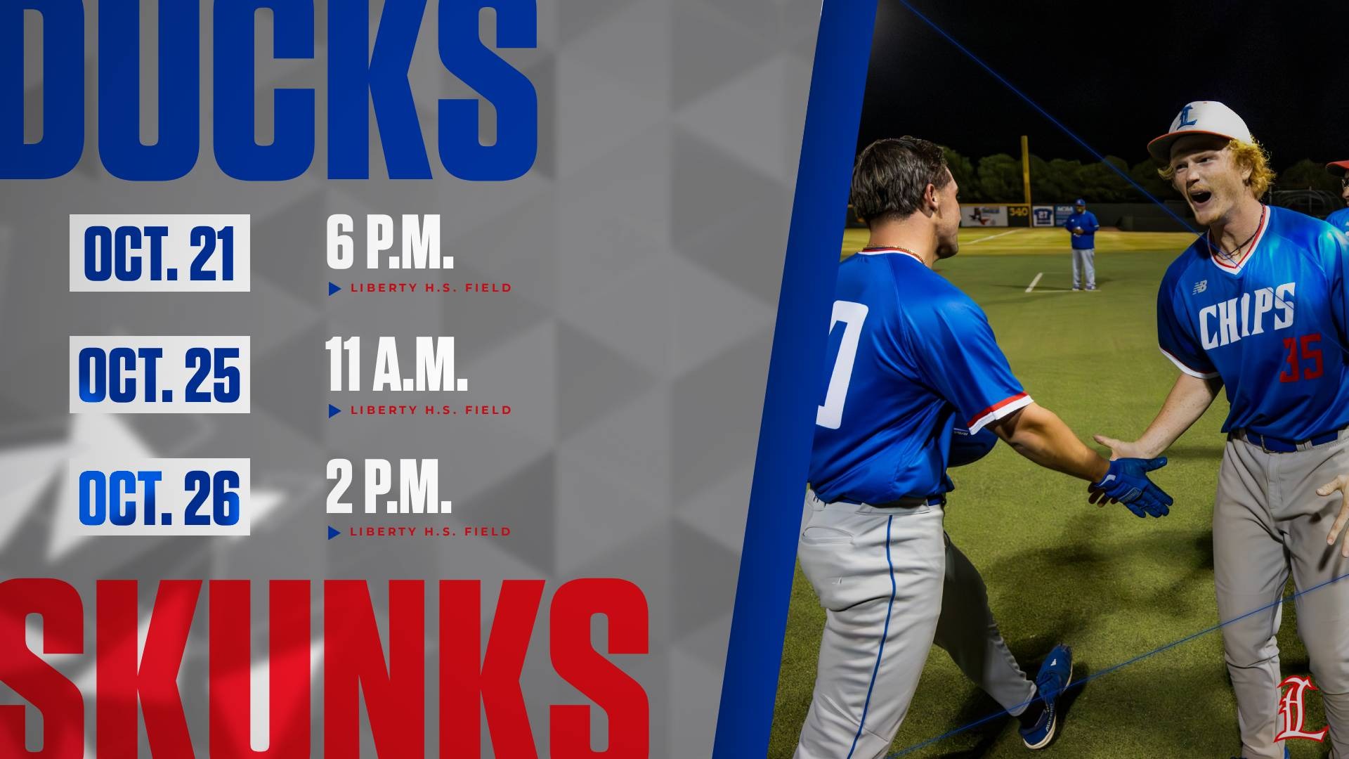 This is a digital graphic announcing the dates and times for the Lubbock Christian annual Ducks & Skunks fall intrasquad series. The featured image is of pitcher Logan Moore celebrating after a run scored in one of the games in 2024.