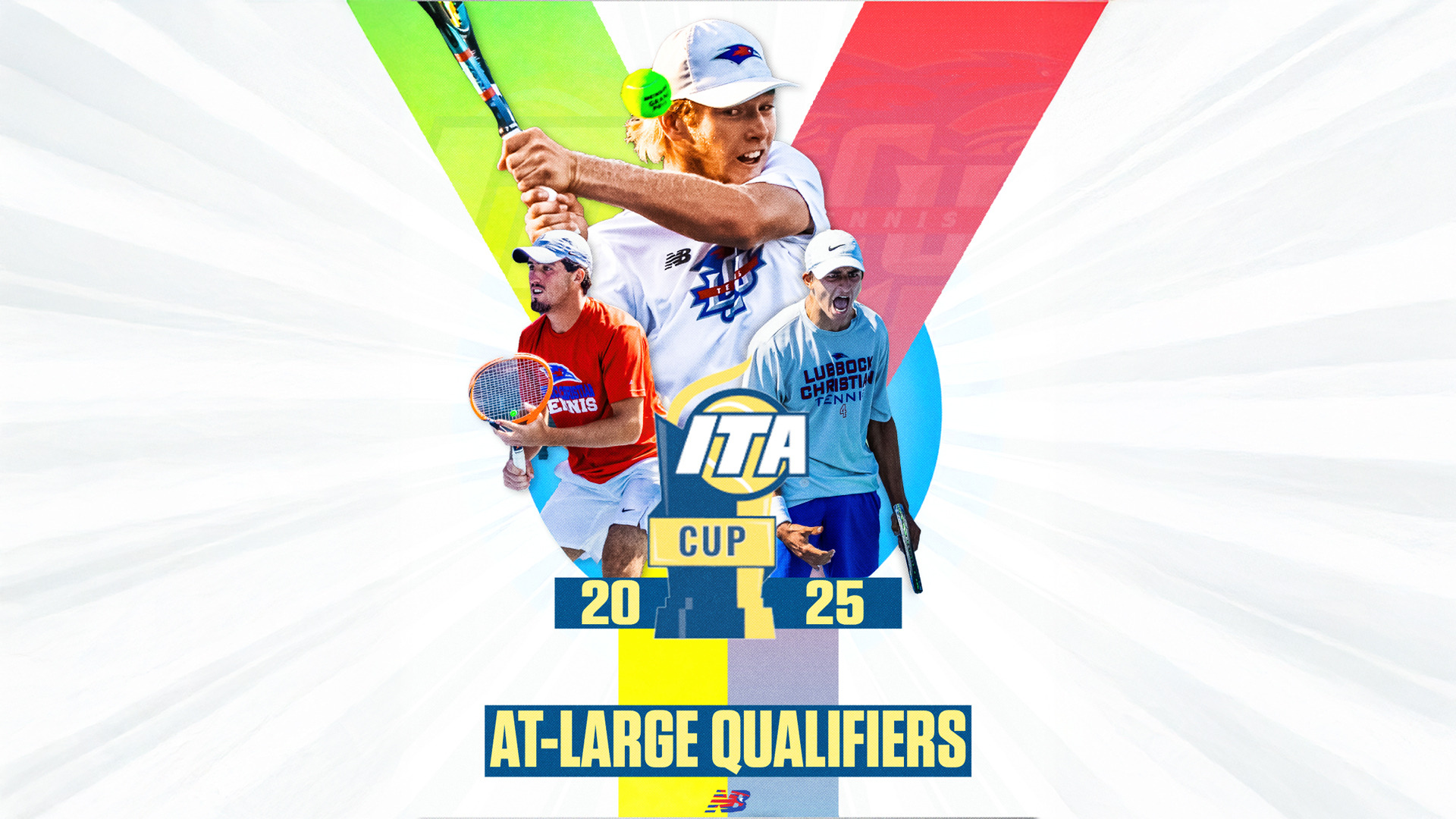 ITA Cup At-Large Qualifiers announcement graphic featuring three tennis players in action poses - one in white uniform hitting forehand at top, one in red shirt on left, and one in light blue Lubbock Christian Tennis #4 shirt celebrating on right. Colorful geometric background in green, pink, and blue. Text displays 2025 ITA Cup logo