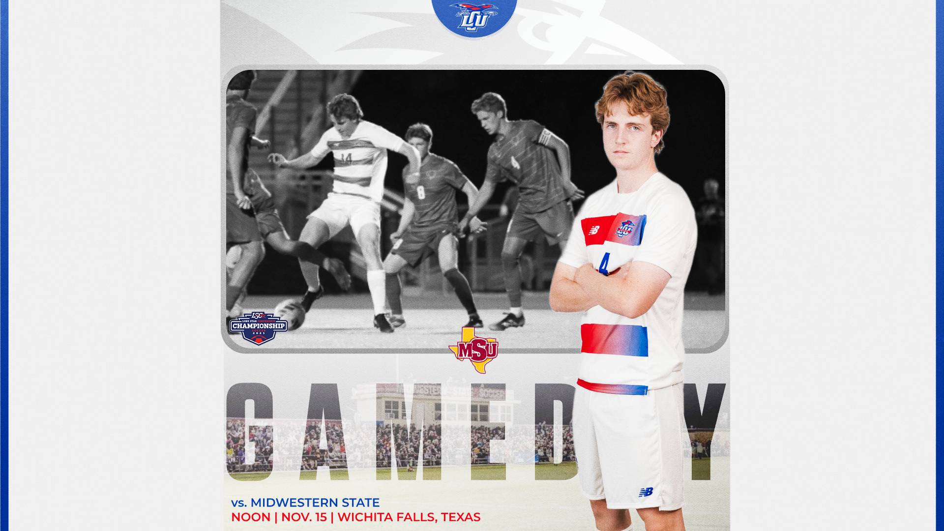 This is a digital graphic promoting the Lubbock Christian men's soccer game at Midwestern State at noon on November 15 at Stang Park. There is a featured image of Hugo Stuanton (#14) standing with his arms crossed and a background photo in black and white of him playing in a game.