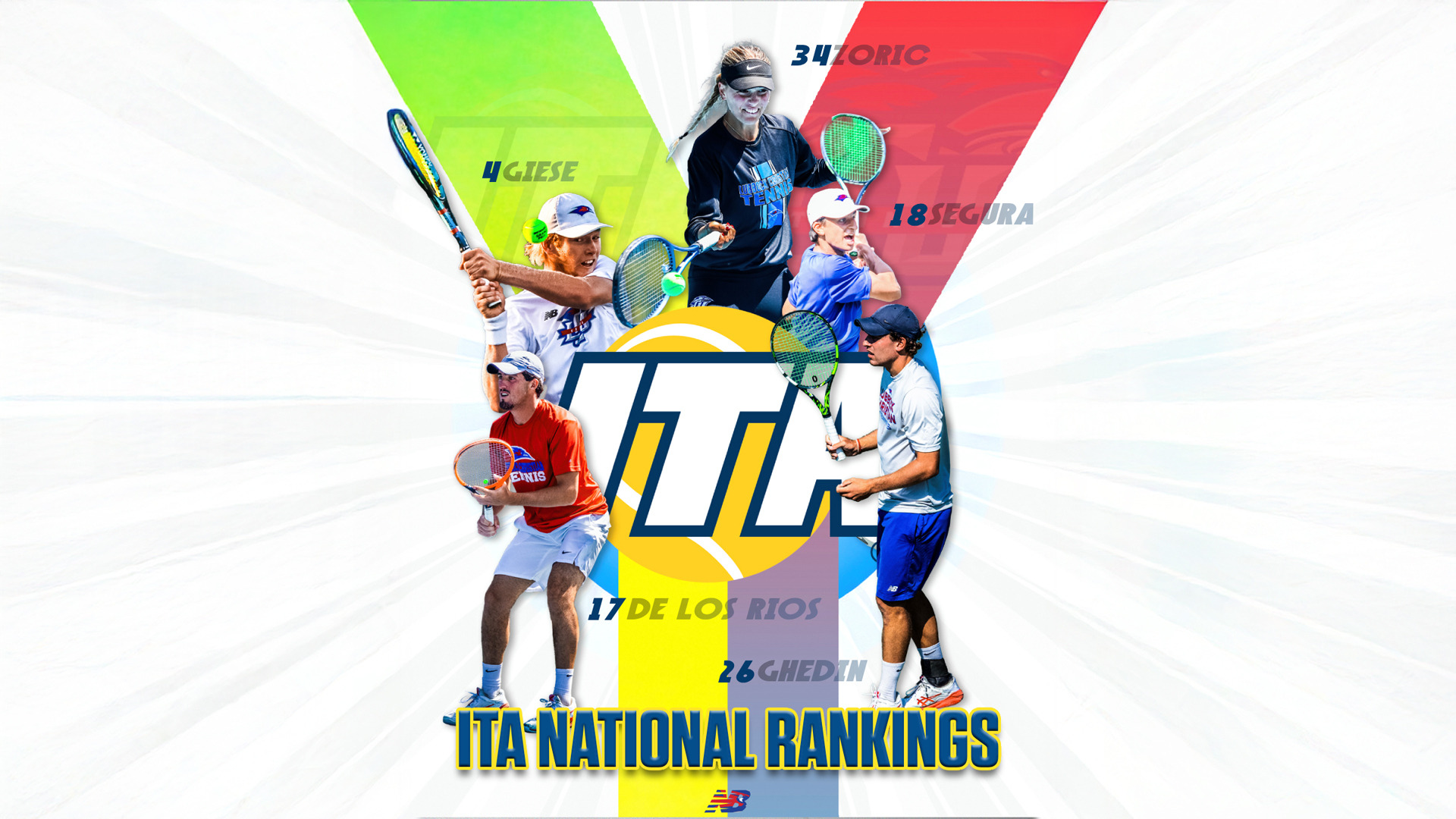 A promotional graphic for ITA National Rankings featuring five tennis players in action poses arranged around a large stylized 