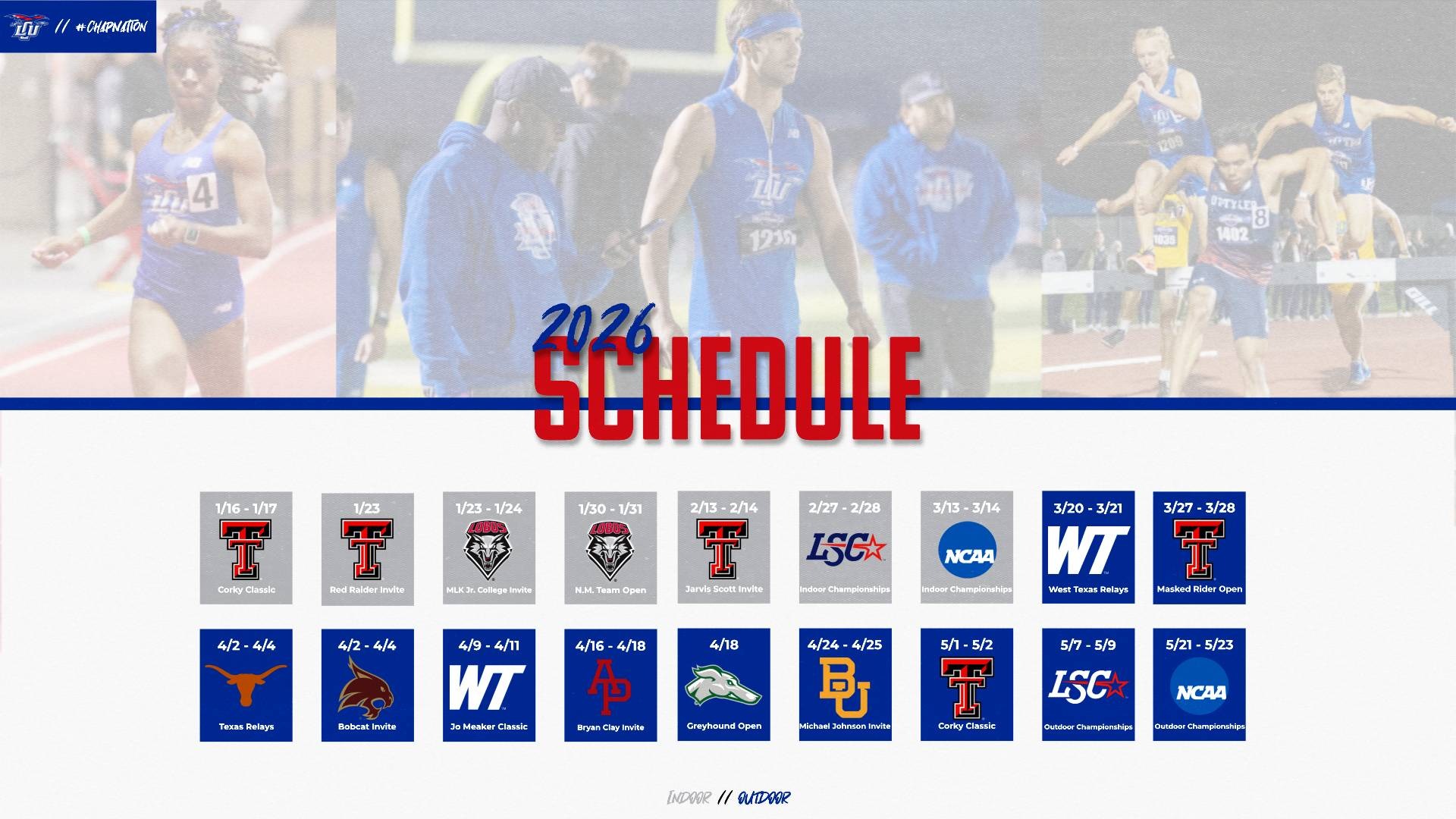 This is a digital graphic with a calendar of events for the spring of 2026, featuring dates and titles of all the meets for the Lubbock Christian university men's and women's track & field teams.