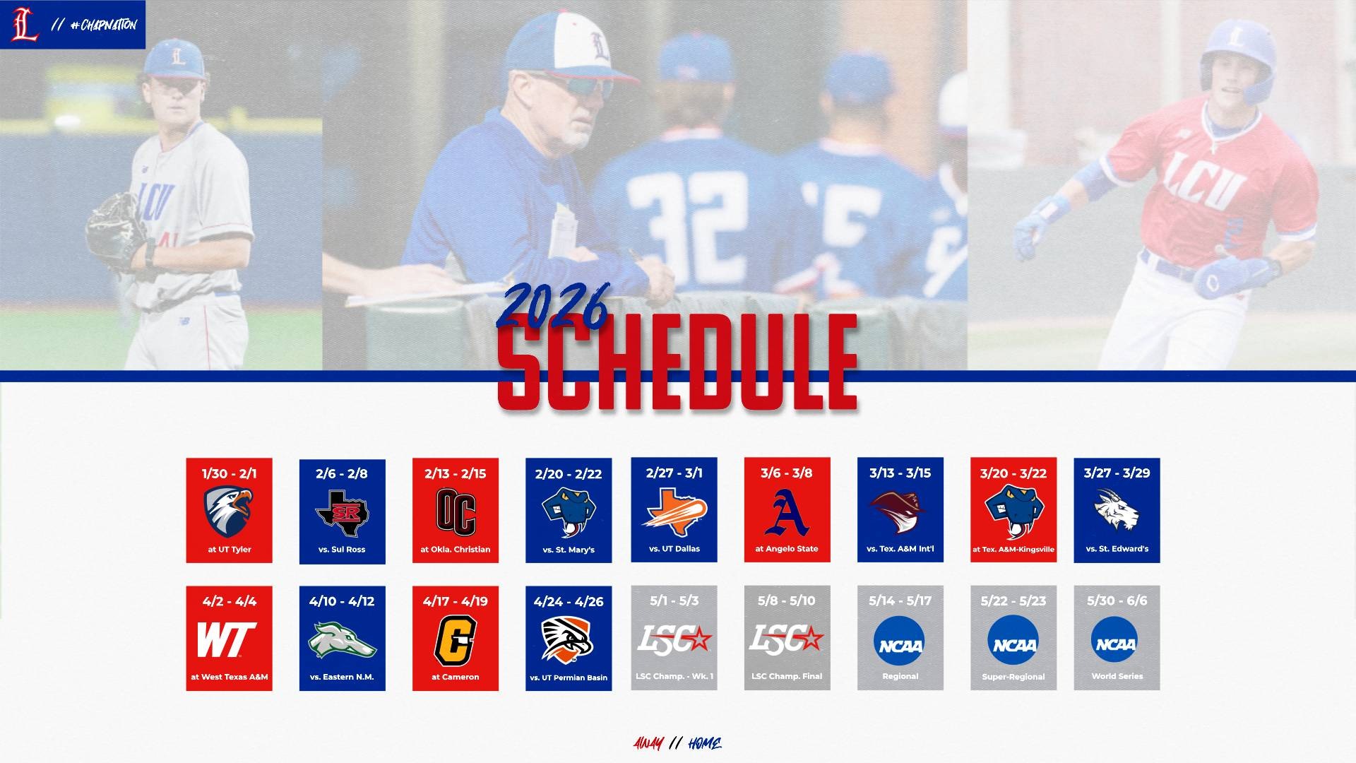 This is a digital graphic with a calendar on it featuring the dates for all 13 series the Lubbock Christian University baseball team will play in the 2026 season, along with logos for the opposing teams. At the top are three baseball images, from left to right, of pitcher Karson Dunn (grey jersey), head coach Nathan Blackwood (blue shirt) and outfielder Kyle Lewis (red jersey).