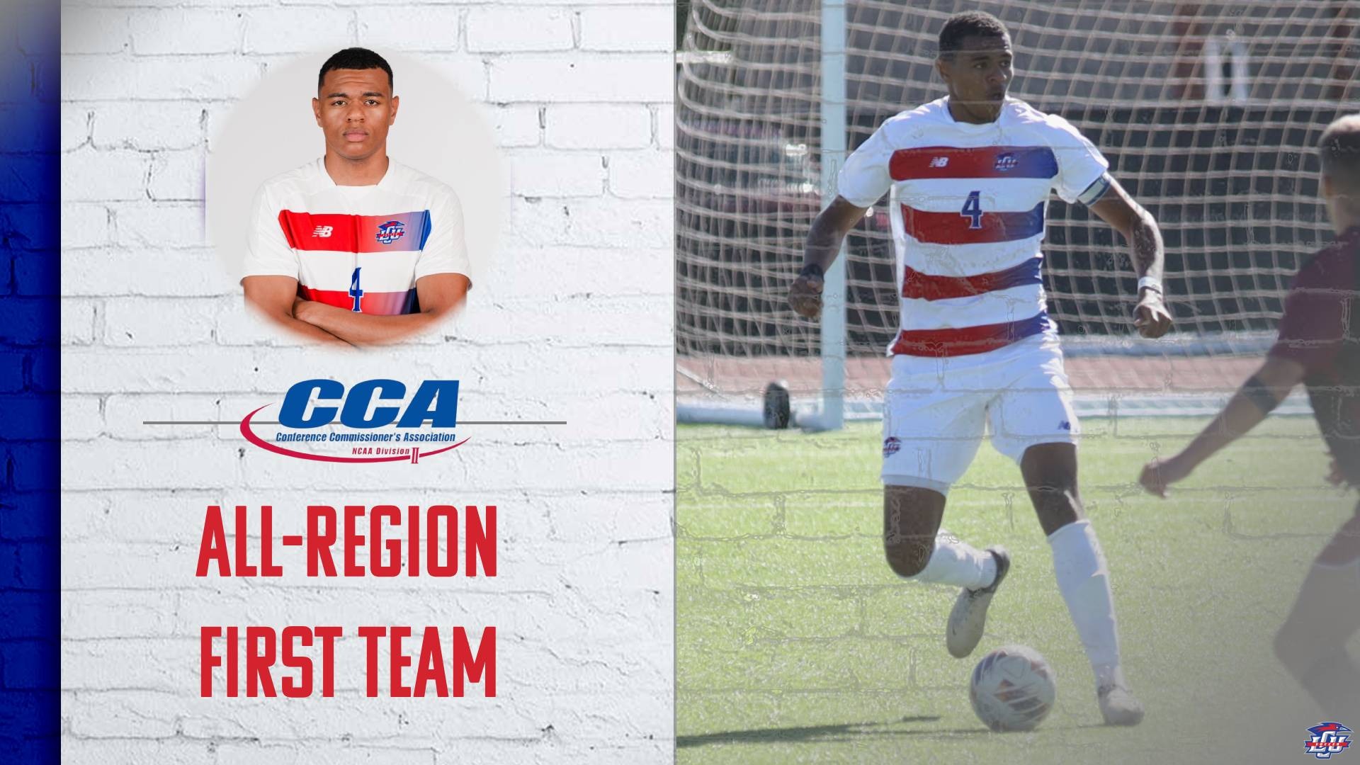 This is a digital graphic announcing Lubbock Christian senior defender Geoffroy Letienne's selection to the D2CCA All-Region First Team. There is a featured image of Letienne (white jersey, #4) dribbling the ball past an Oklahoma Christian defender.