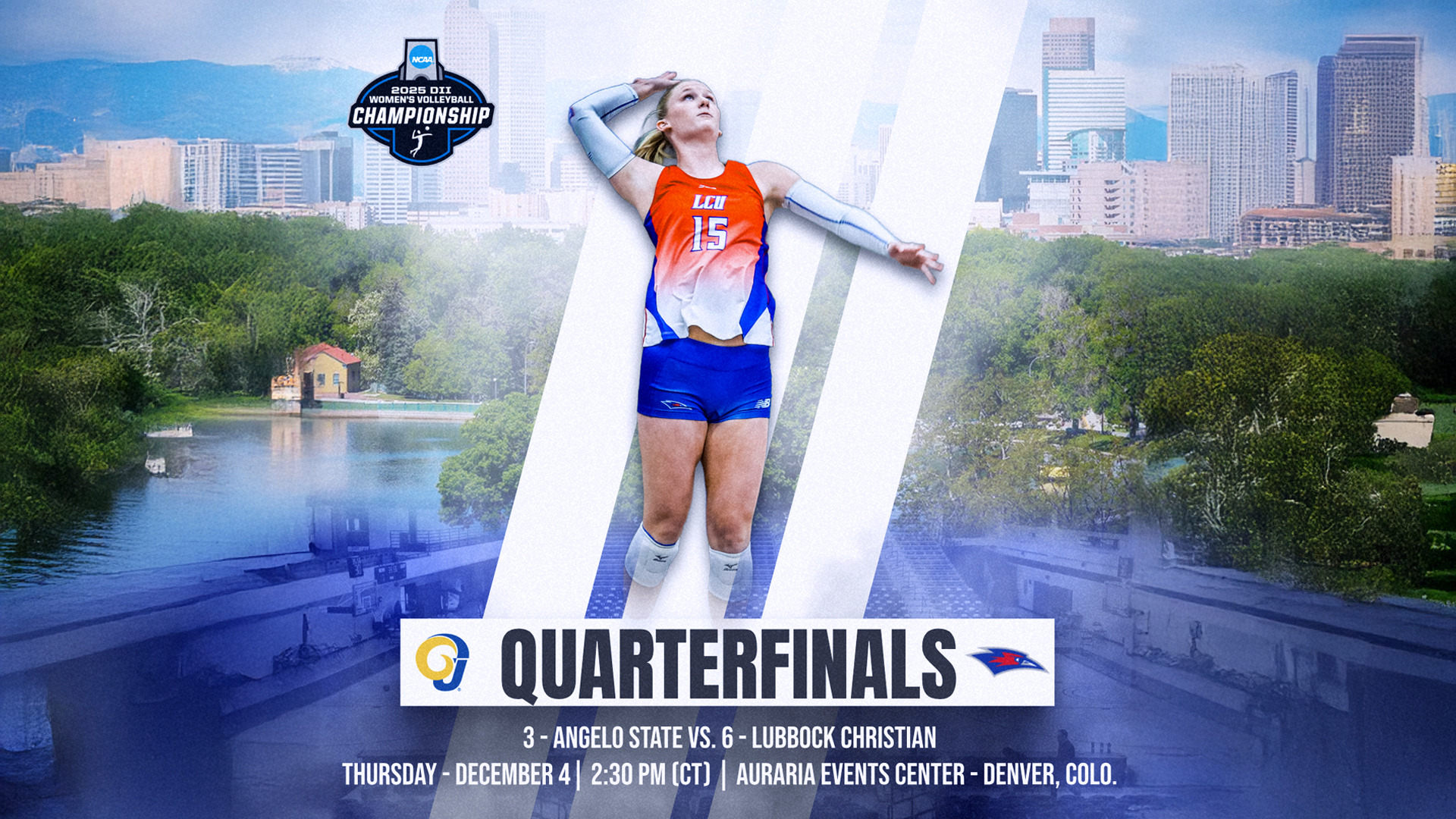 Promotional graphic for the NCAA Division II Women's Volleyball Championship Quarterfinals featuring Lubbock Christian Lady Chaps versus Angelo State. The design displays a female volleyball player in an orange and blue LCU uniform number 15 with white arm sleeves in a serving motion against a background of white diagonal stripes. Behind the player is a cityscape featuring buildings, water, and green landscape. The NCAA 2025 DII Women's Volleyball Championship logo appears in the upper left corner. Large text reading 