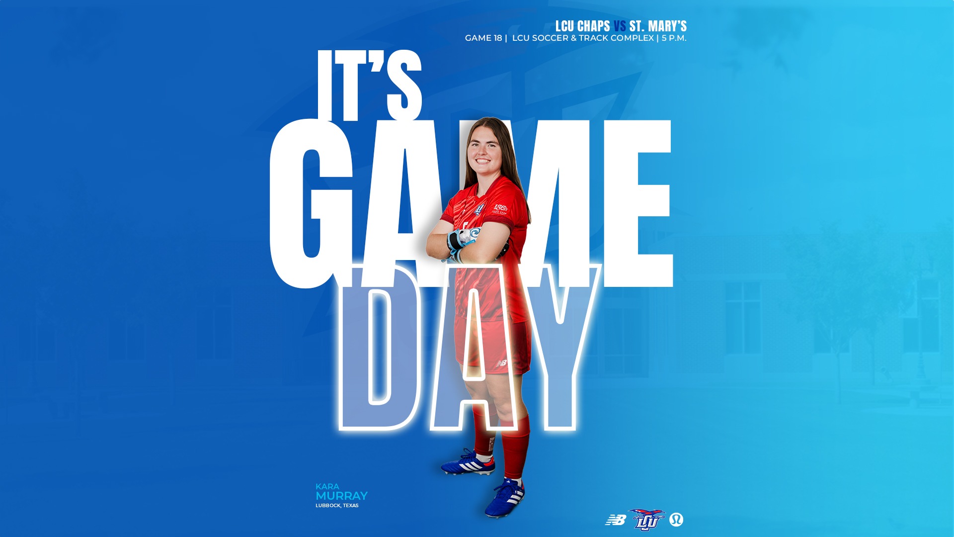 This is a digital graphic with a blue background promoting the Lubbock Christian women's soccer game against St. Mary's at 5 p.m. on November 5 at the LCU Soccer & Track Complex.