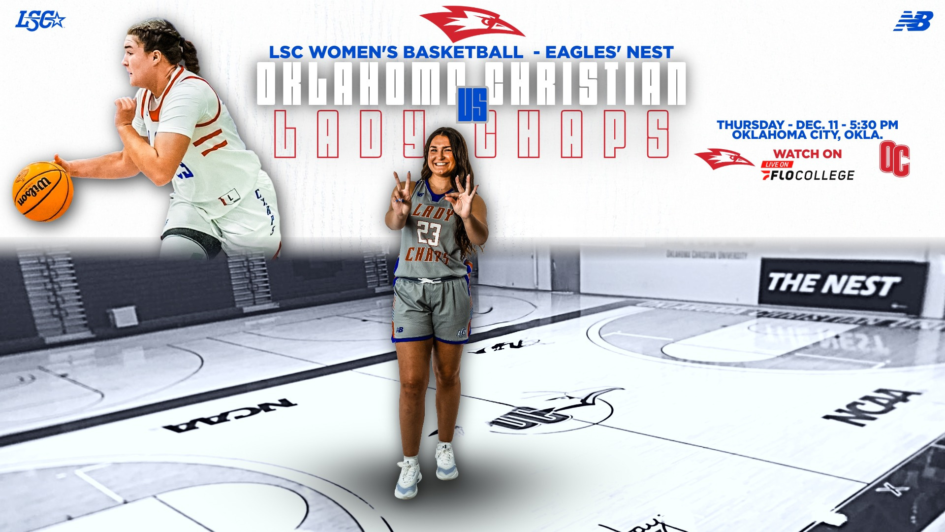 Promotional graphic for an LSC Women's Basketball game at Eagles' Nest featuring Lubbock Christian Lady Chaps versus Oklahoma Christian. The design displays large white and gray letters spelling 