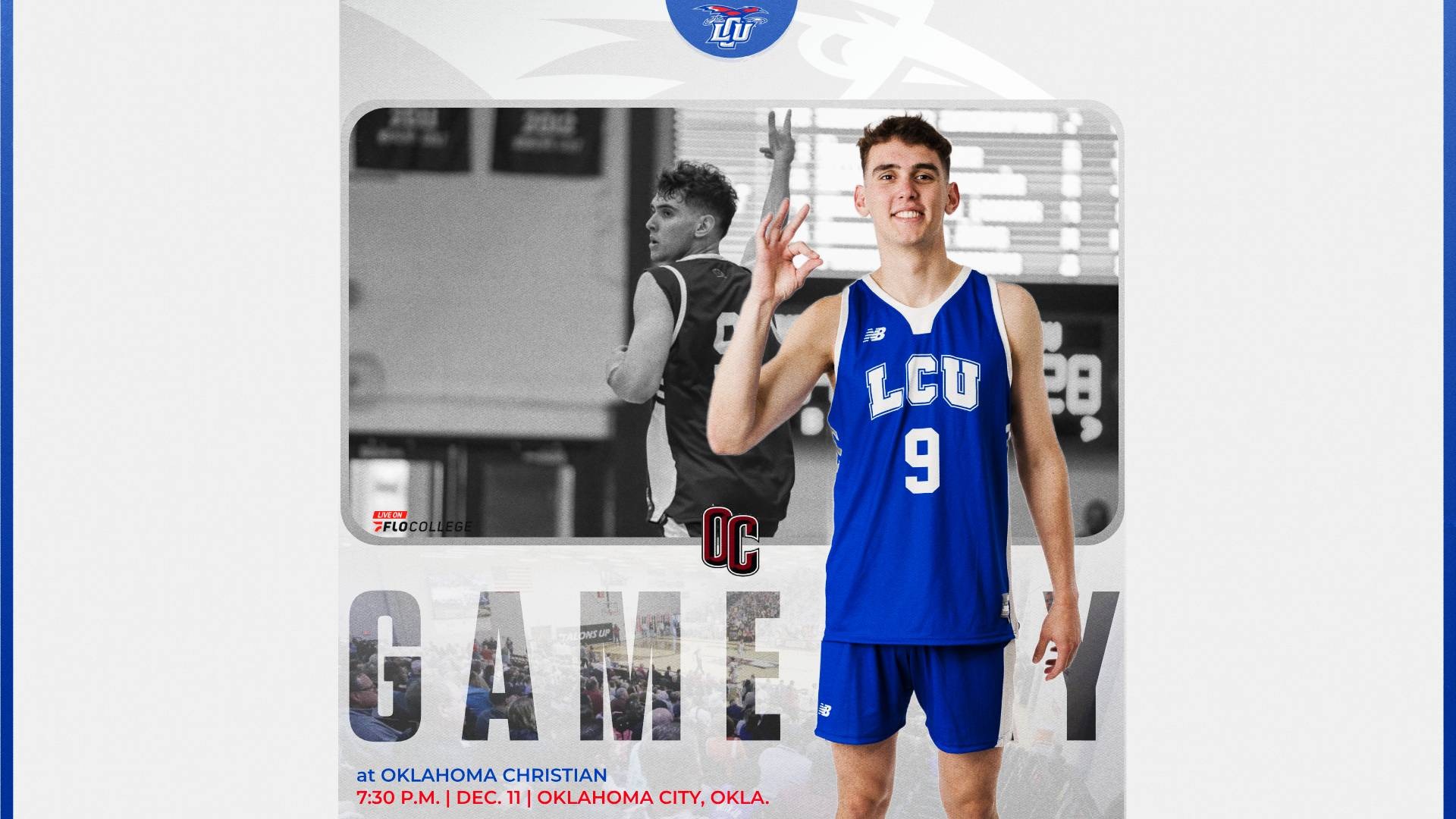 This is a digital graphic promoting the Lubbock Christian men's basketball game at Oklahoma Christian at 7:30 p.m. on December 10 at the Payne Athletic Center. The featured image is of junior forward Lucas Mercandino, who is smiling at the camera and holding the Chap hand sign with his right hand. There is a background image of Mercandino celebrating a three-pointer that is in black and white. 