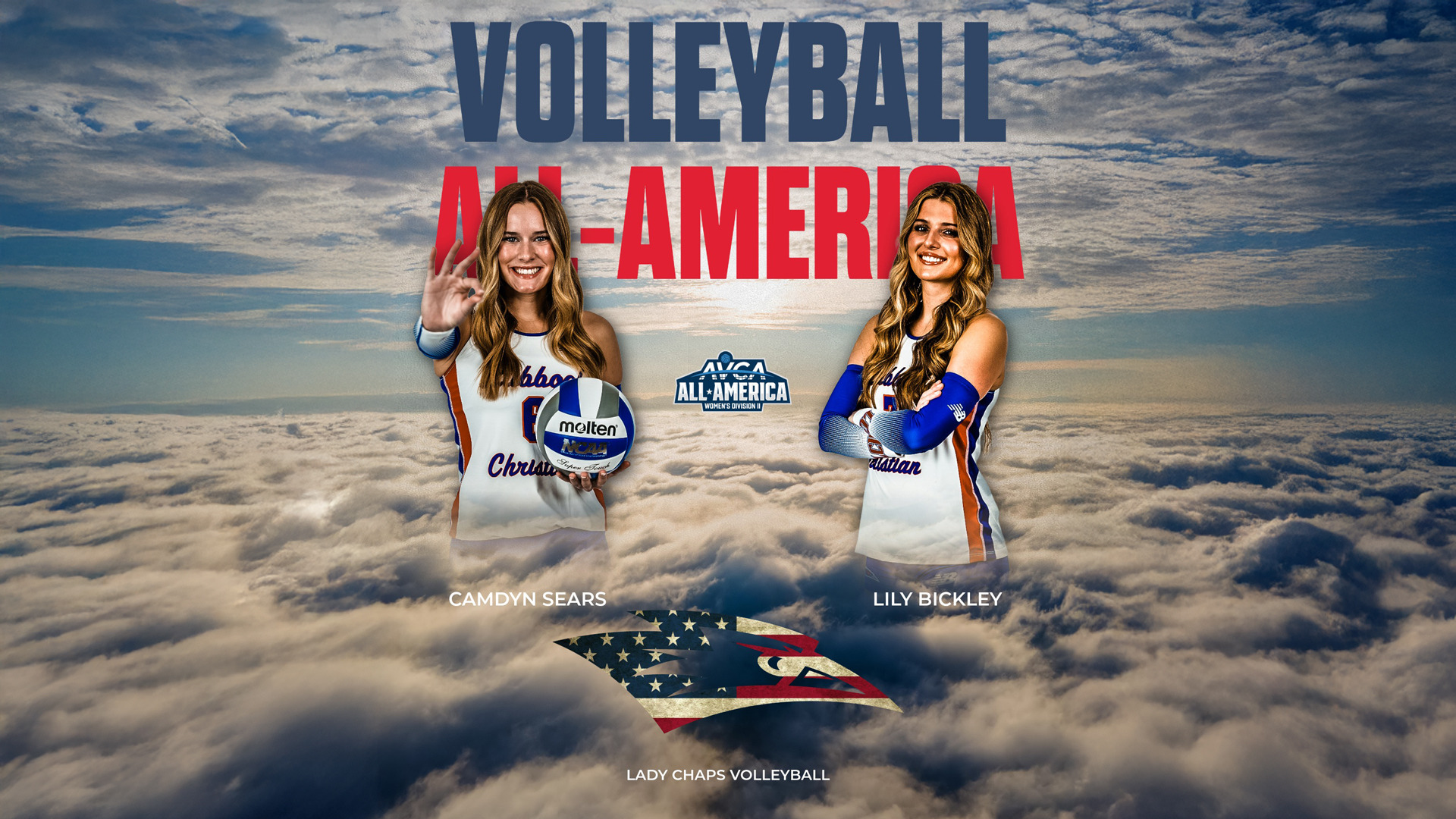 Award announcement graphic celebrating two Lubbock Christian Lady Chaps volleyball players earning AVCA All-America Women's Division II honors. The background features a dramatic sky with clouds. Large navy blue text reading 