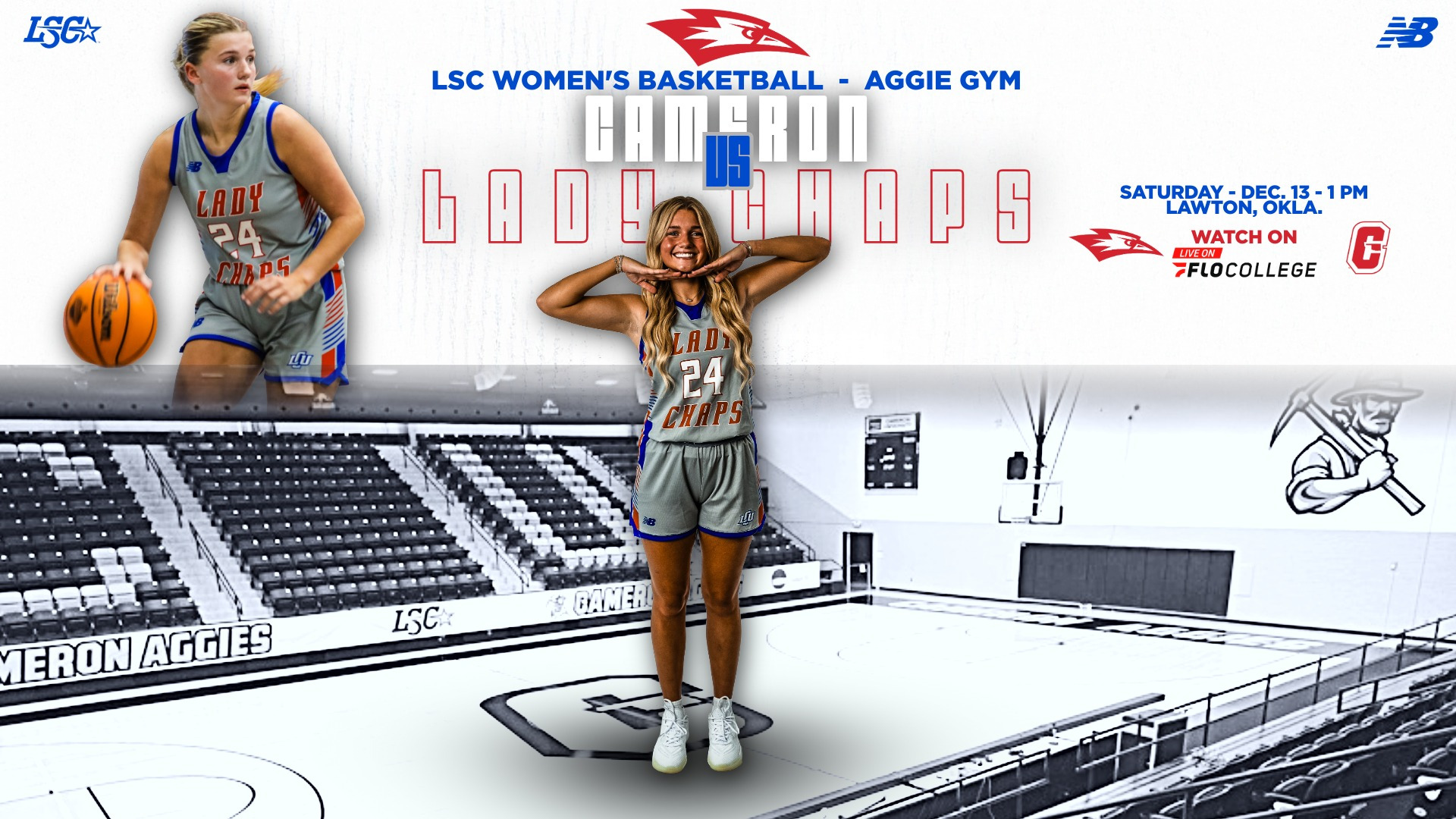 Promotional graphic for an LSC Women's Basketball game at Aggie Gym featuring Lubbock Christian Lady Chaps versus Cameron Aggies. The design displays large white and gray letters spelling 