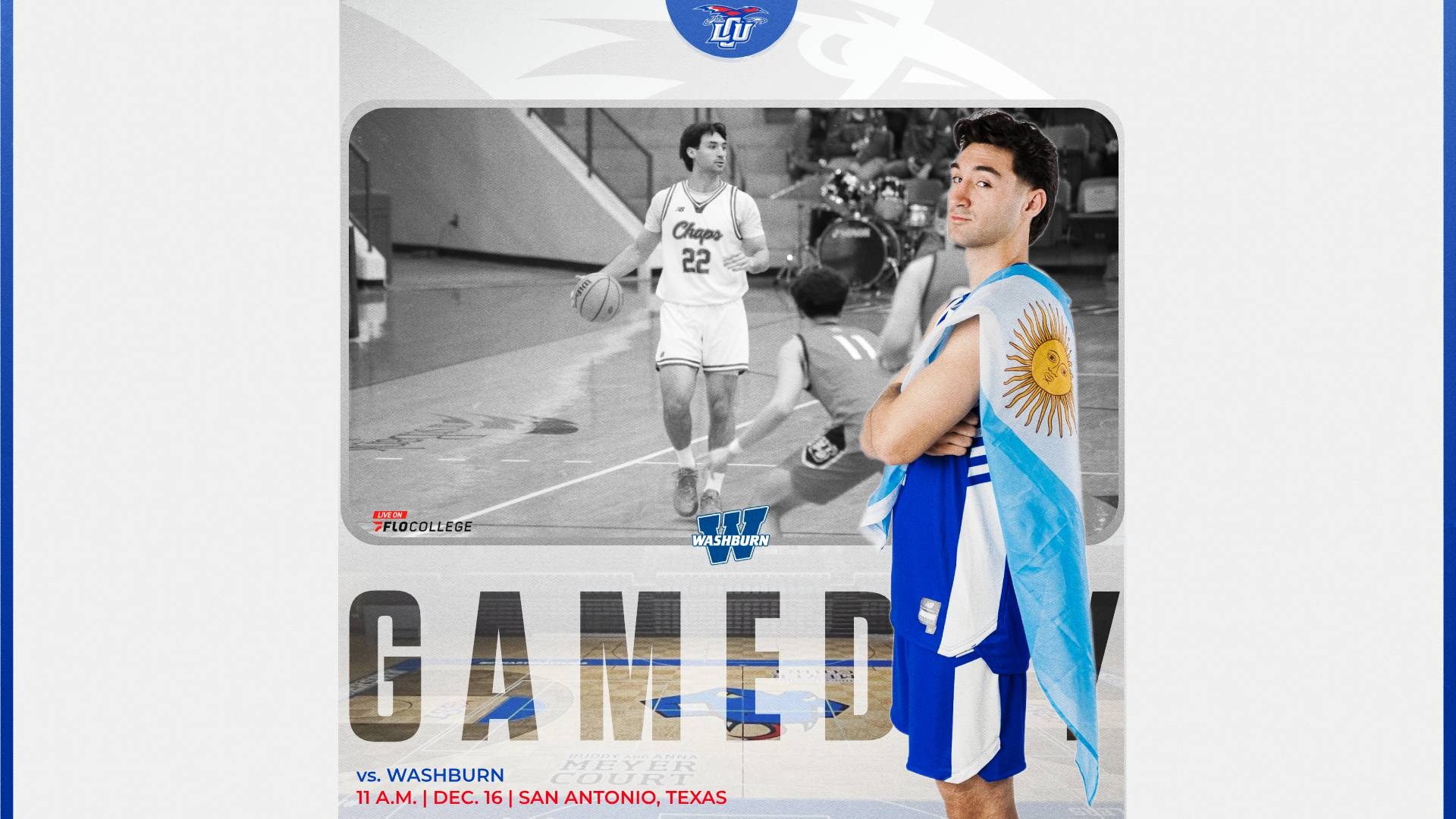 This is a digital graphic promoting the Lubbock Christian men's basketball game against Washburn at 11 a.m. on Dec. 16 in San Antonio, Texas. The featured image is of Ignacio Garcia (white jersey, #22) shown looking over his shoulder at the camera with the Argentinian flag draped over his back. There is a black and white image of Garcia dribbling a basketball in a game in the background. 