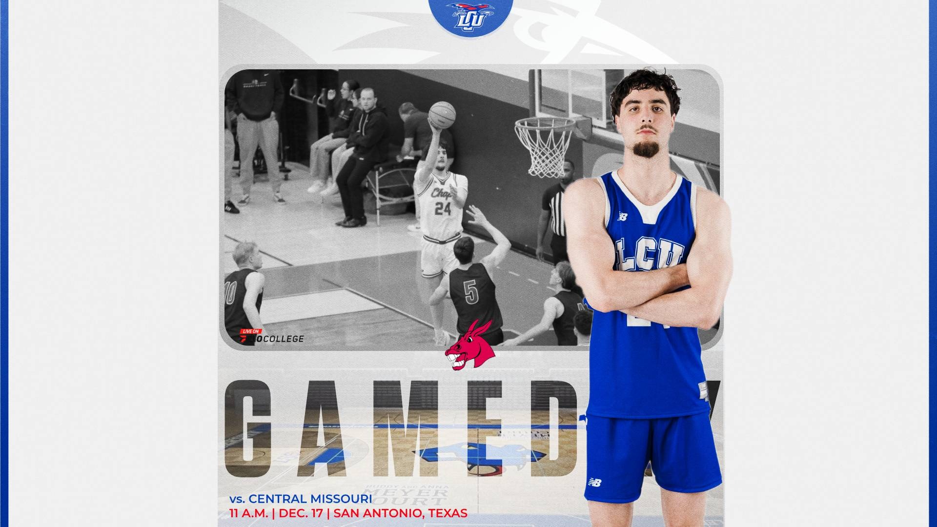 This is a digital graphic promoting the Lubbock Christian men's basketball game against Central Missouri at 11 a.m. on Wednesday, Dec. 17 at Bill Greehey Arena. The featured image is of Antonio Pusateri (blue jersey, #24) shown standing with his arms crossed. There is a black and white image of Pusateri shooting a basketball in the background. 