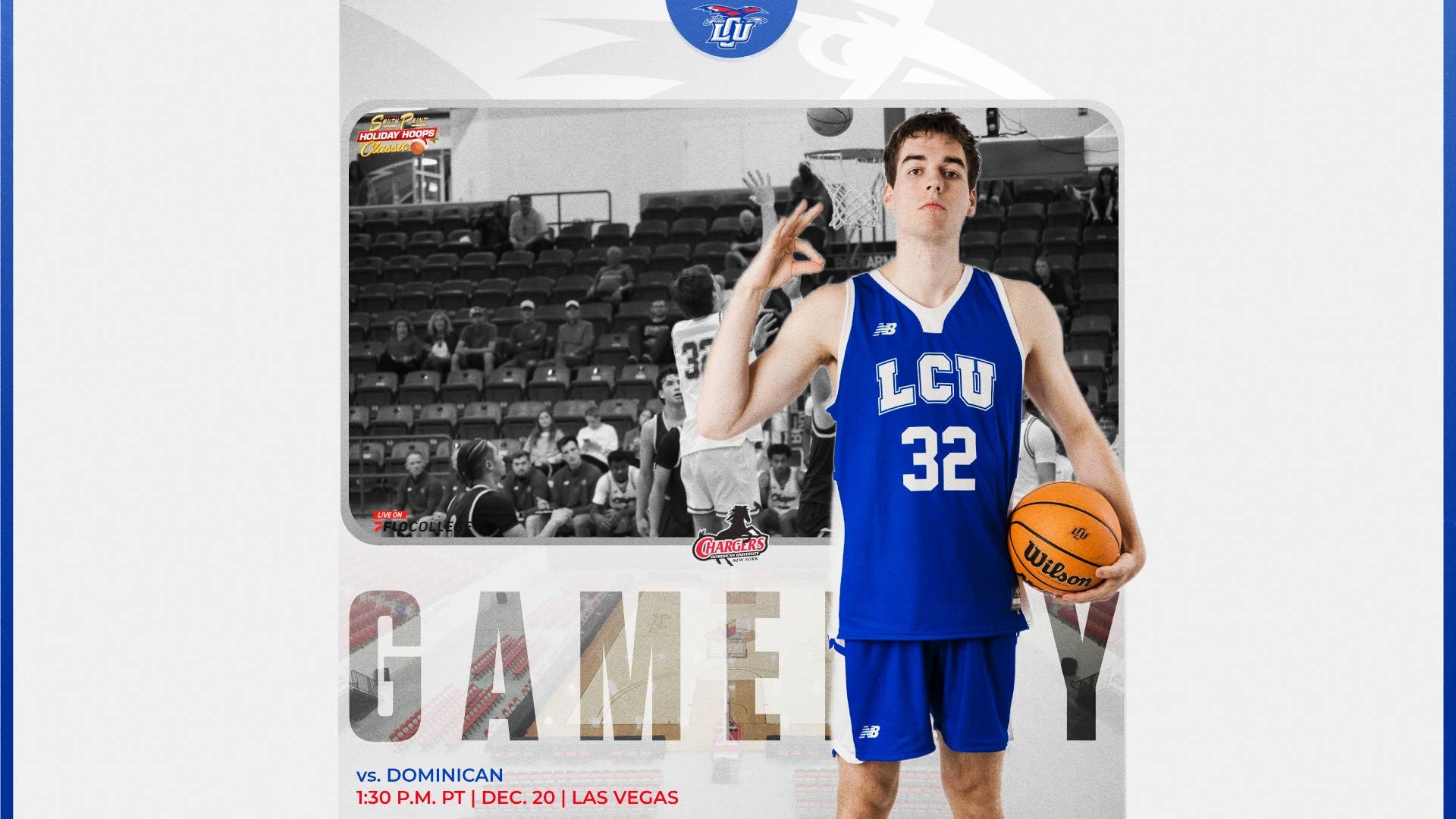 This is a digital graphic promoting the Lubbock Christian men's basketball game agains Dominican at 1:30 p.m. PT on Dec. 20 at the South Point Arena. The featured image is of player Adam Varadi (blue jersey, #32) shown holding a basketball and making the Chap hand sign.
