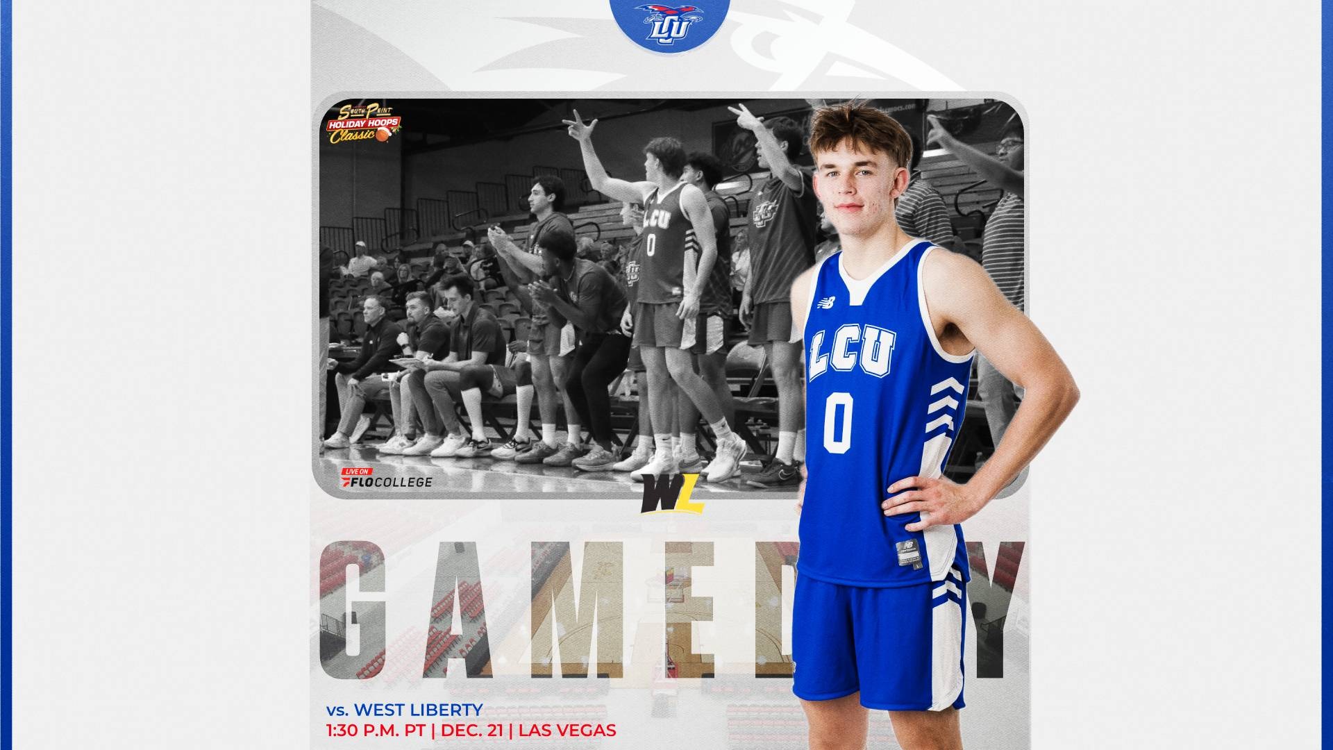 This is a digital graphic promoting the Lubbock Christian men's basketball game against West Liberty at 1:30 p.m. PT on Dec. 21 at the South Point Arena. The featured image is of Lee Van der Westhuizen (blue jersey, #0) standing with his hands on his hips. There is a background image of Lee on the bench, celebrating a made shot with other Chap teammates. 
