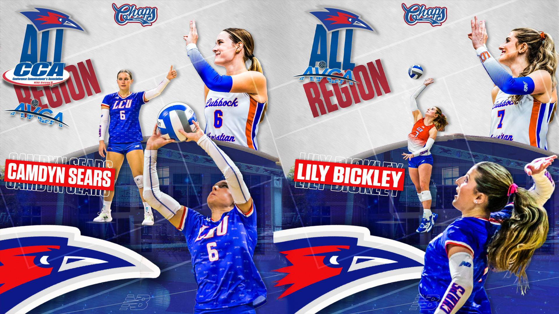 Composite graphic displaying two side-by-side All-Region award announcements for Lubbock Christian Lady Chaps volleyball players. The design features red, white, and blue color schemes with the Chaps Volleyball logo at the top of each panel.