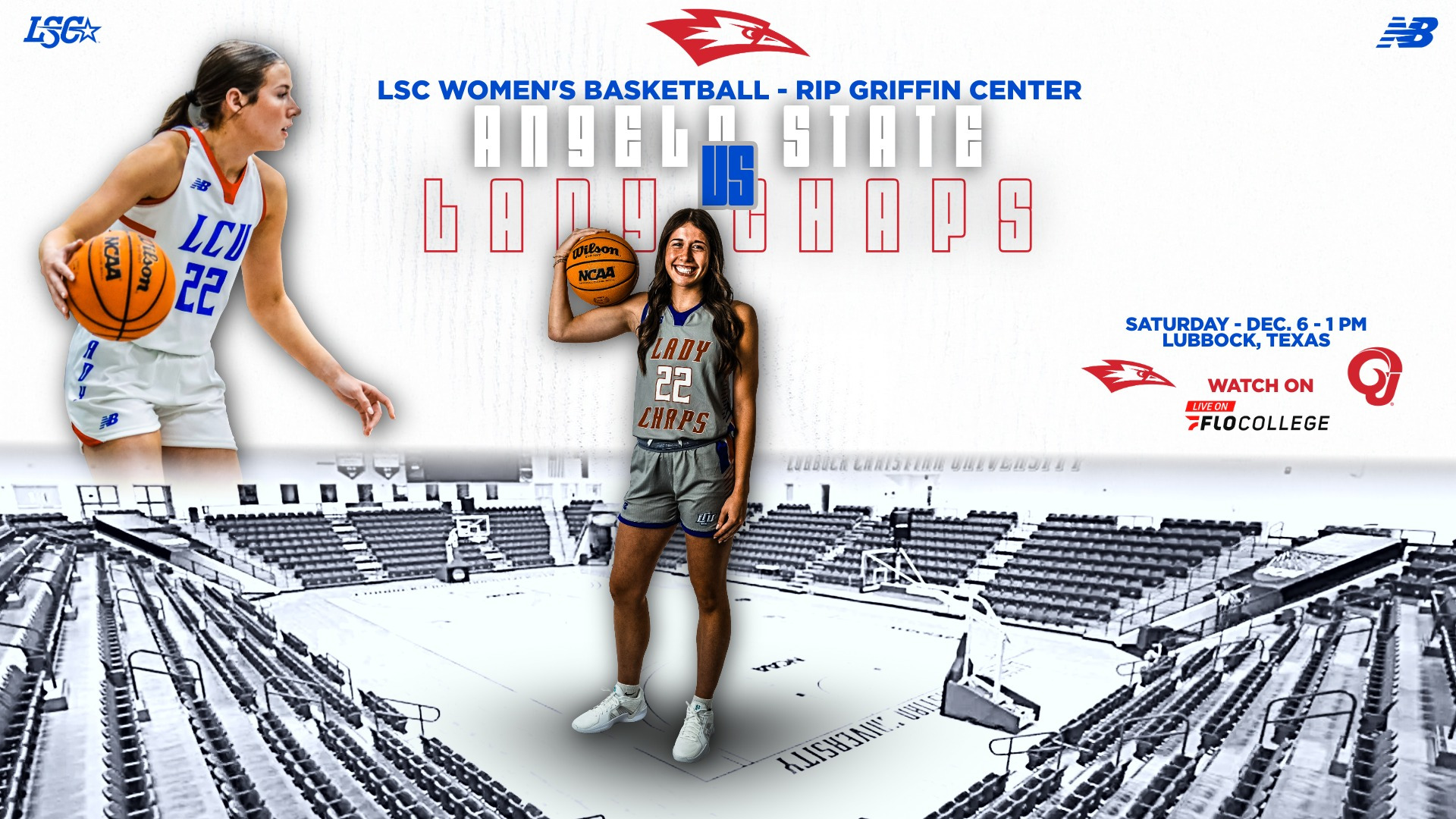 Promotional graphic for an LSC Women's Basketball game at the Rip Griffin Center featuring Lubbock Christian Lady Chaps versus Angelo State. The design displays large white and gray letters spelling 
