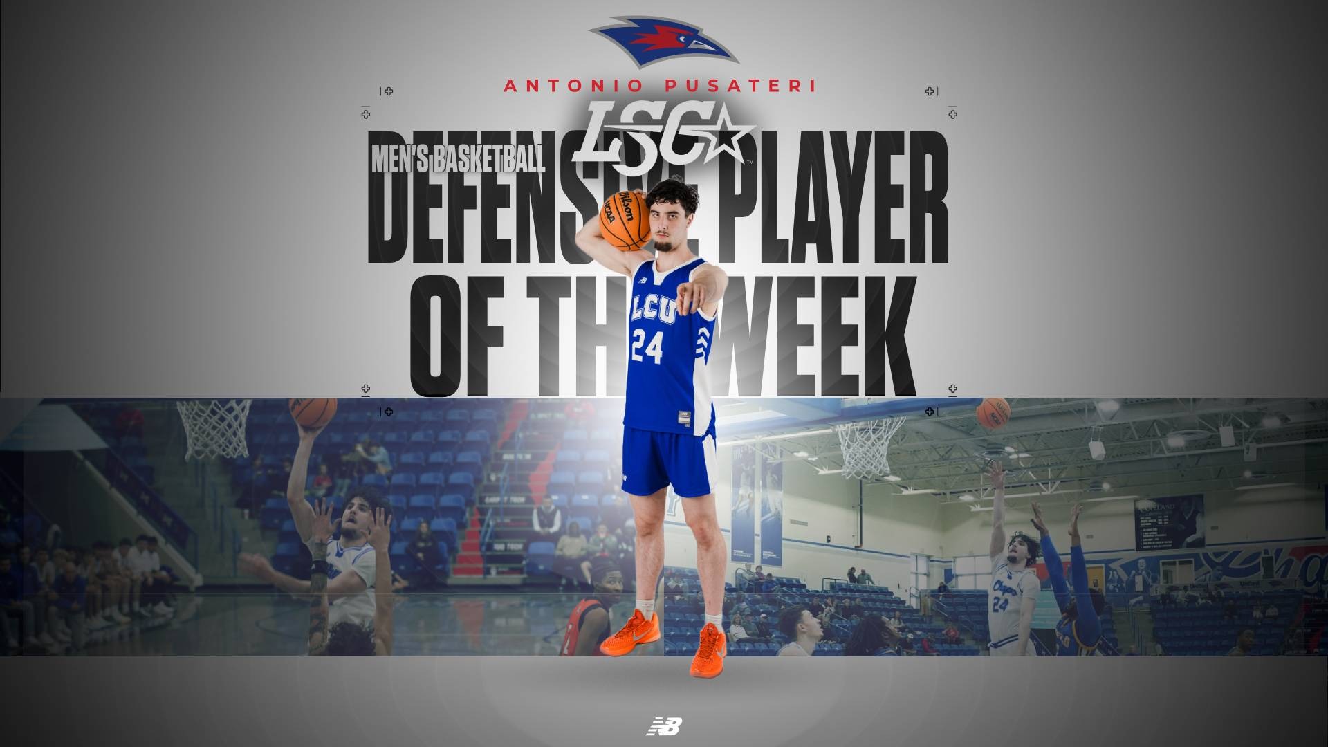 This is a digital graphic announcing Lubbock Christian forward Antonio Pusateri as the Lone Star Conference Defensive Player of the Week for December 8. The featured image is of Pusteri holding a basketball on his shoulder and pointing at the camera. 