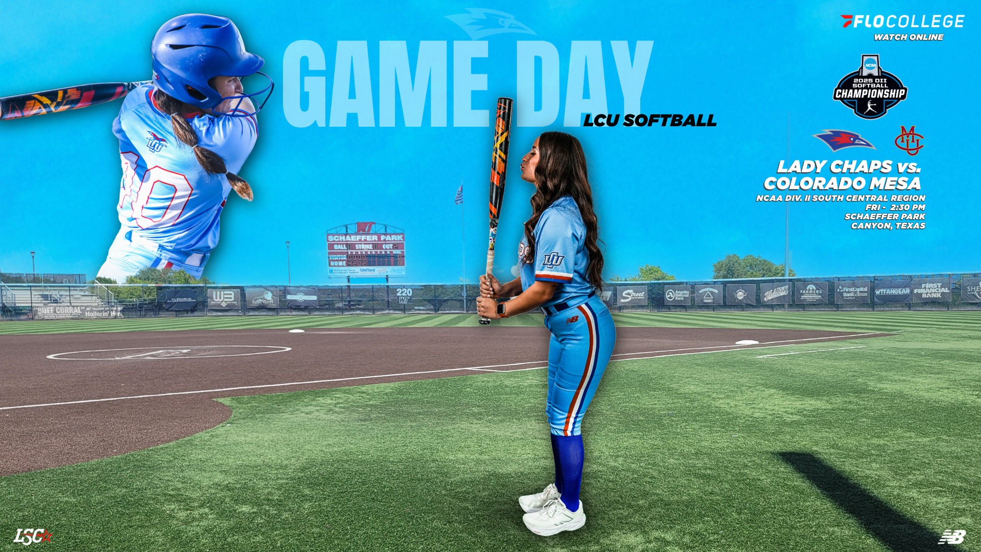 25_SB_GD_CMU_SCRGraphic promoting Lubbock Christian University softball's NCAA Division II South Central Region game against Colorado Mesa. The background features Schaeffer Park with its scoreboard and field visible under a bright blue sky. In the foreground, LCU player Riley Flores is shown twice: once in a posed stance holding a bat and kissing it while standing at home plate, and again in an action cutout on the left mid-swing wearing jersey number 10. Game details indicate the Lady Chaps face Colorado Mesa at 2:30 PM on Friday in Canyon, Texas