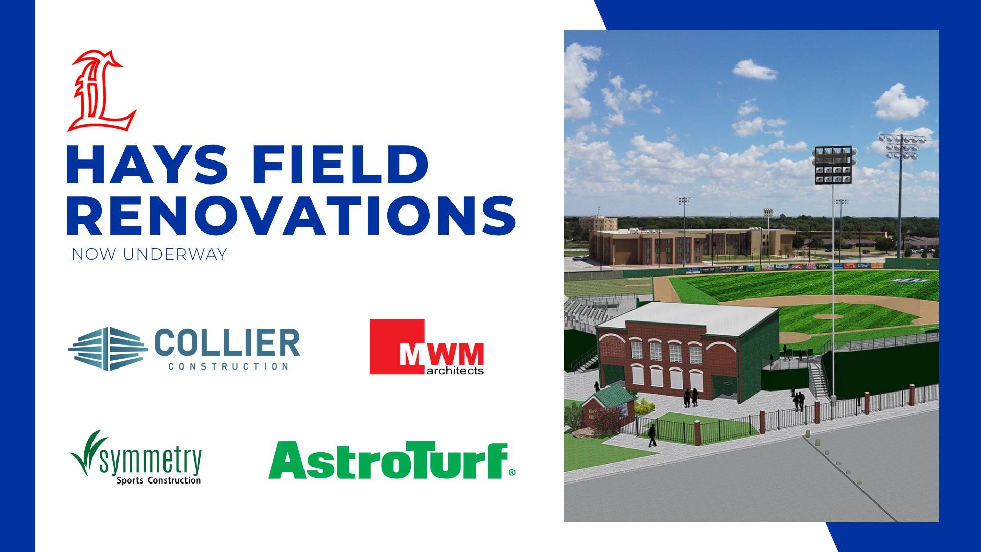 A digital graphic announcing that renovations are now underway at Hays Field, the baseball stadium of Lubbock Christian University. There are four logos of the building companies featured, along with a mockup of what the stadium will look like post-renovation completion.