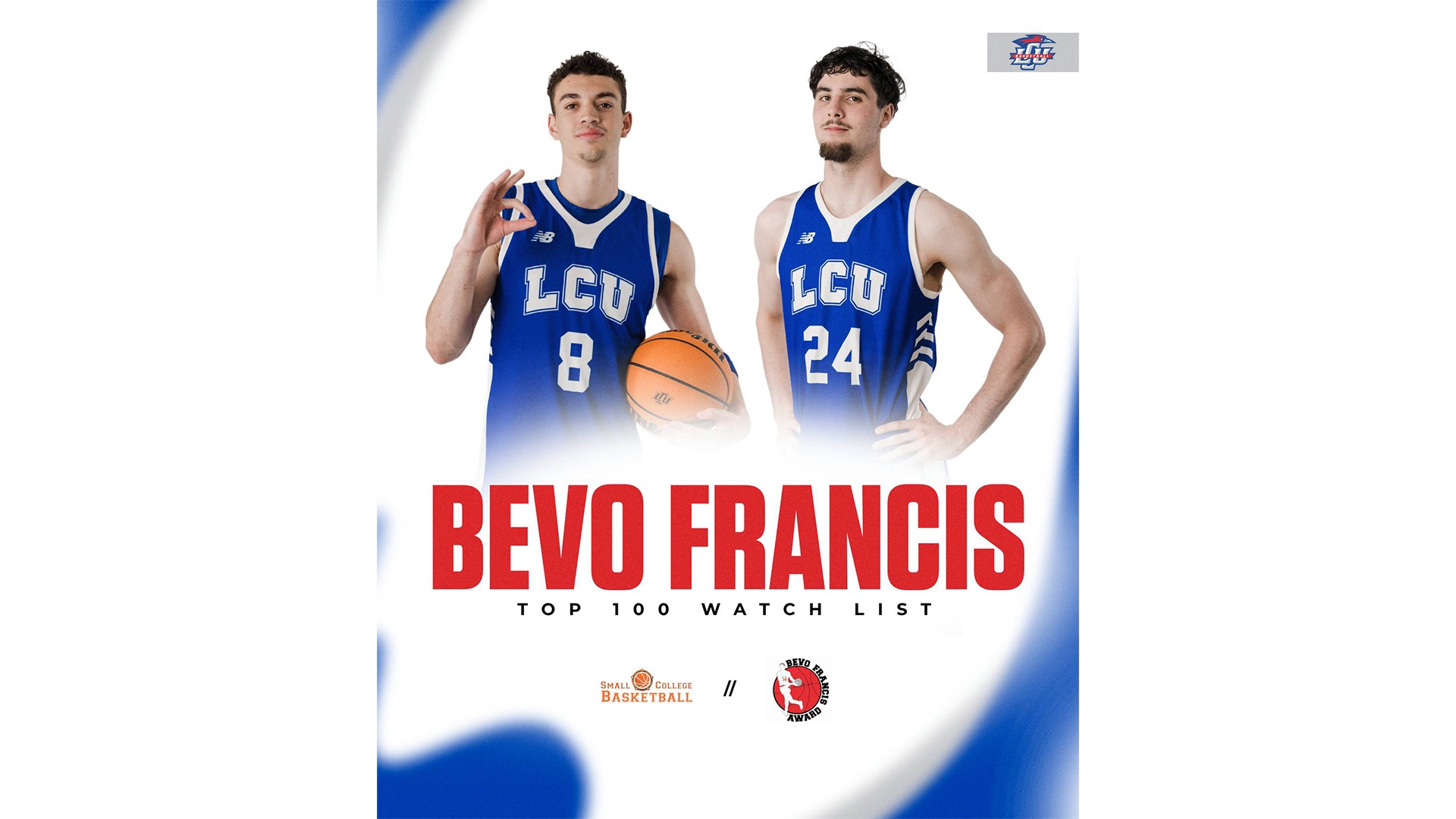 This is a digital graphic announcing that Lubbock Christian forwards Amondo Miller Jr. and Antonio Pusateri have been named to the Bevo Francis Top 100 Watch List. There are images of both players, wearing blue jerseys. 