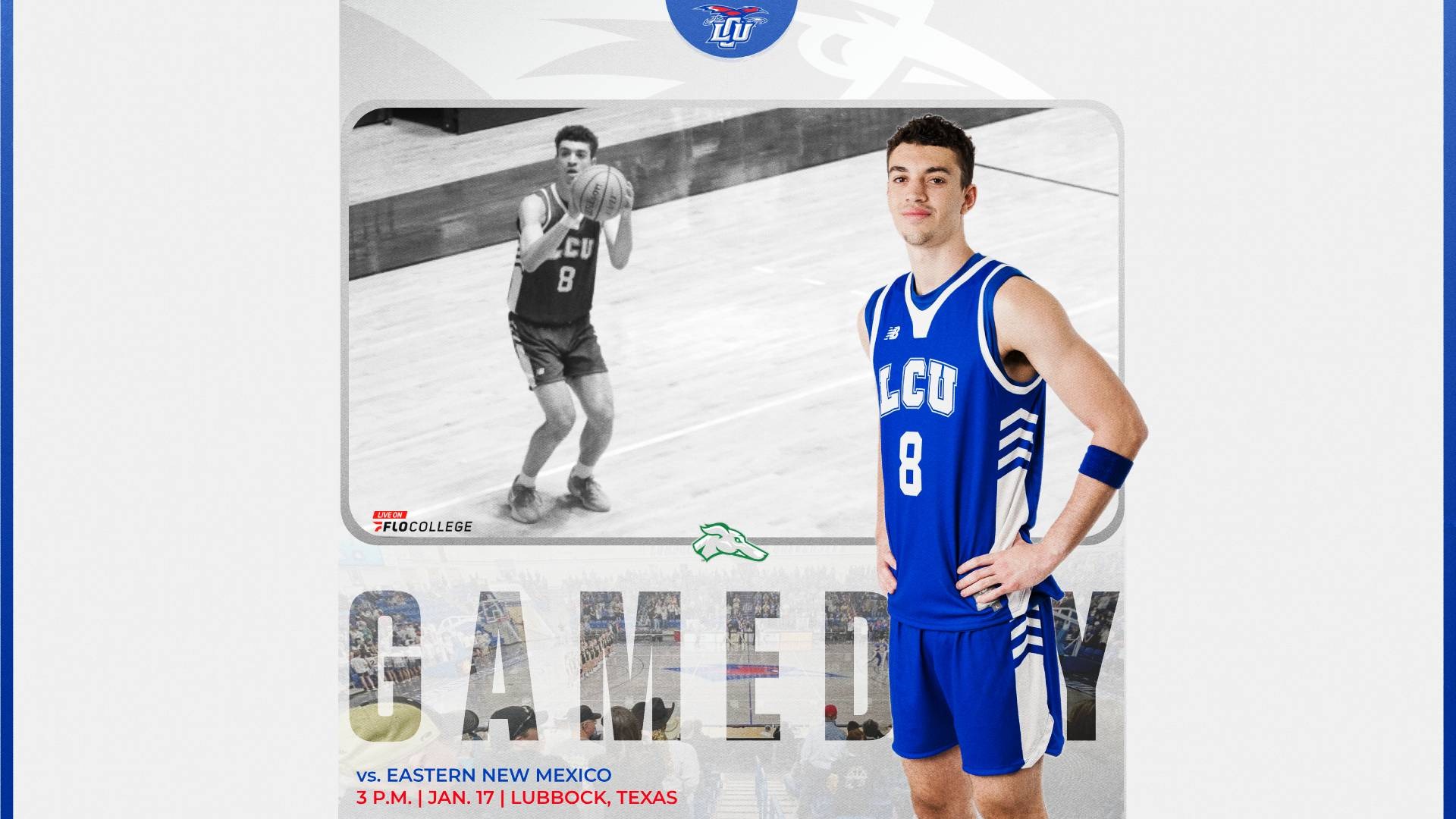 This is a digital graphic promoting the Lubbock Christian men's basketball game against Eastern New Mexico at 3 p.m. on Jan. 17 at the Rip Griffin Center. The featured image is of Amondo Miller Jr. (blue jersey, #8) shown standing with his hands on his hips. There is a background image, in black and white, of Miller shooting a three-pointer in a game.