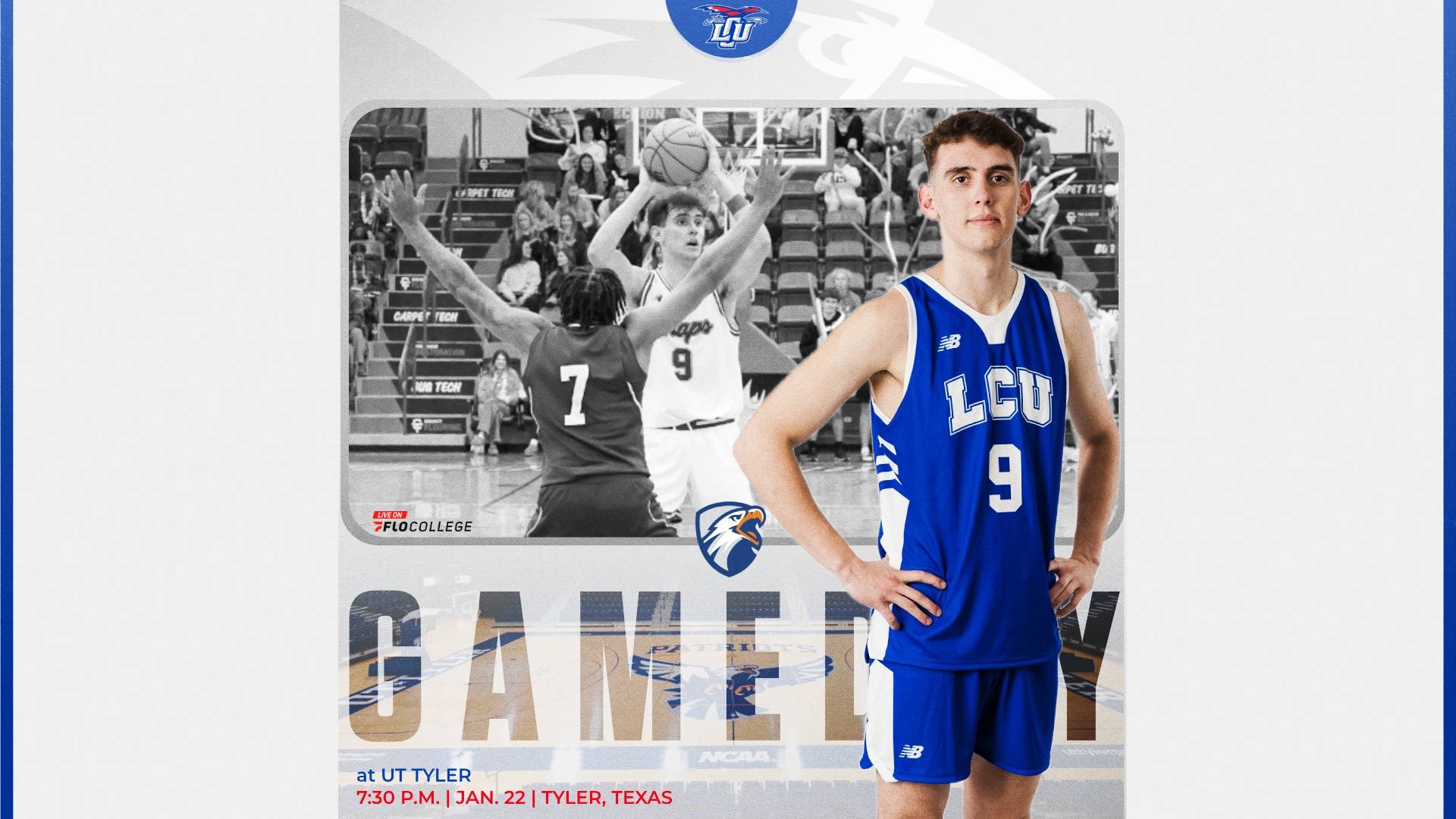 This is a digital graphic promoting the Lubbock Christian men's basketball game at UT Tyler at 7:30 p.m. on Thursday in Tyler, Texas. The featured image is of Lucas Mercandino (blue jersey, #9) standing with his hands on his hips. There is a background image in black and white of Mercandino preparing to pass the ball in a game.
